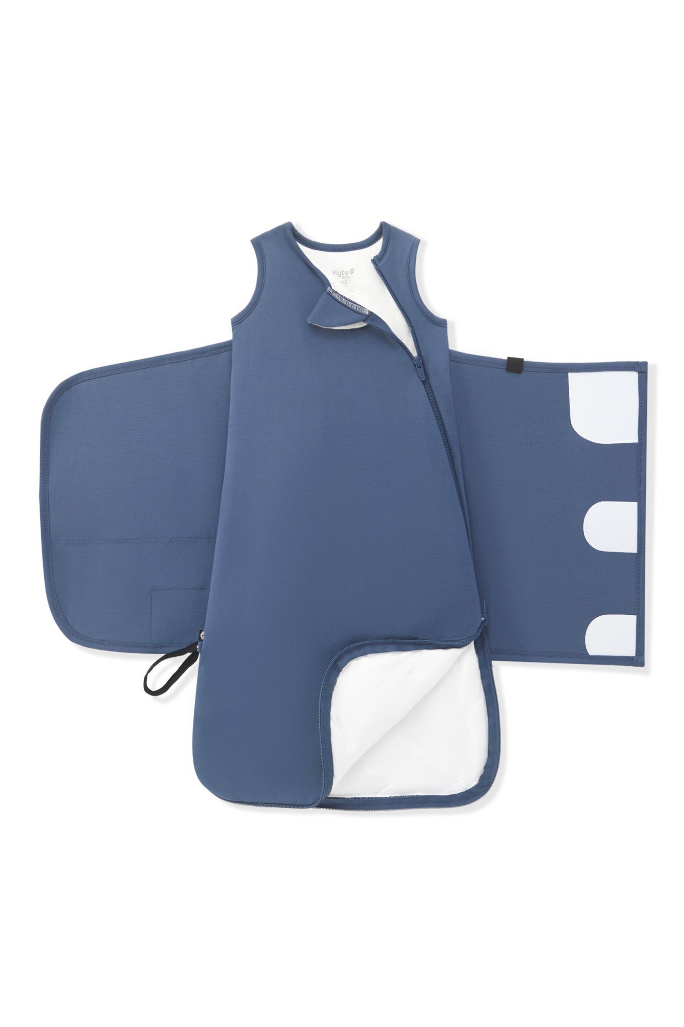 Double zipper shown on an unswaddled Black Sleep Bag Swaddler in Oxford 1.0 on a white background