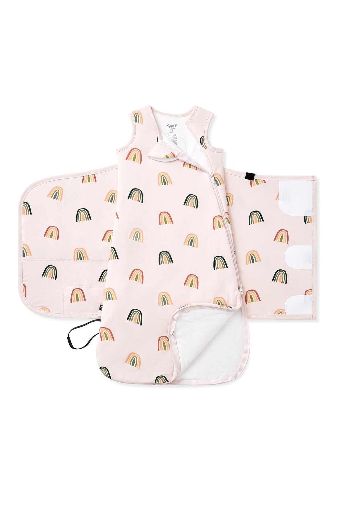 The double zipper shown on an unswaddled Sleep Bag Swaddler in Retro Rainbow 1.0 print on a white background