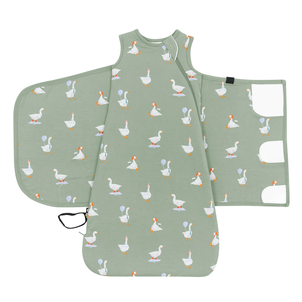 Sleep Bag Swaddler in Silly Goose 1.0 shown unswaddled with the adjustable velcro showing