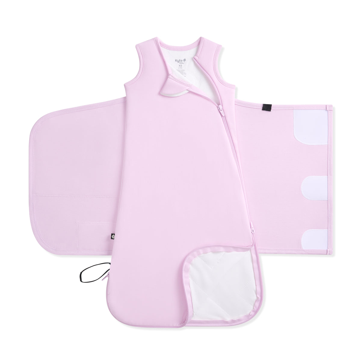 Purple baby sleep bag swaddler on a white background showing dual zipper