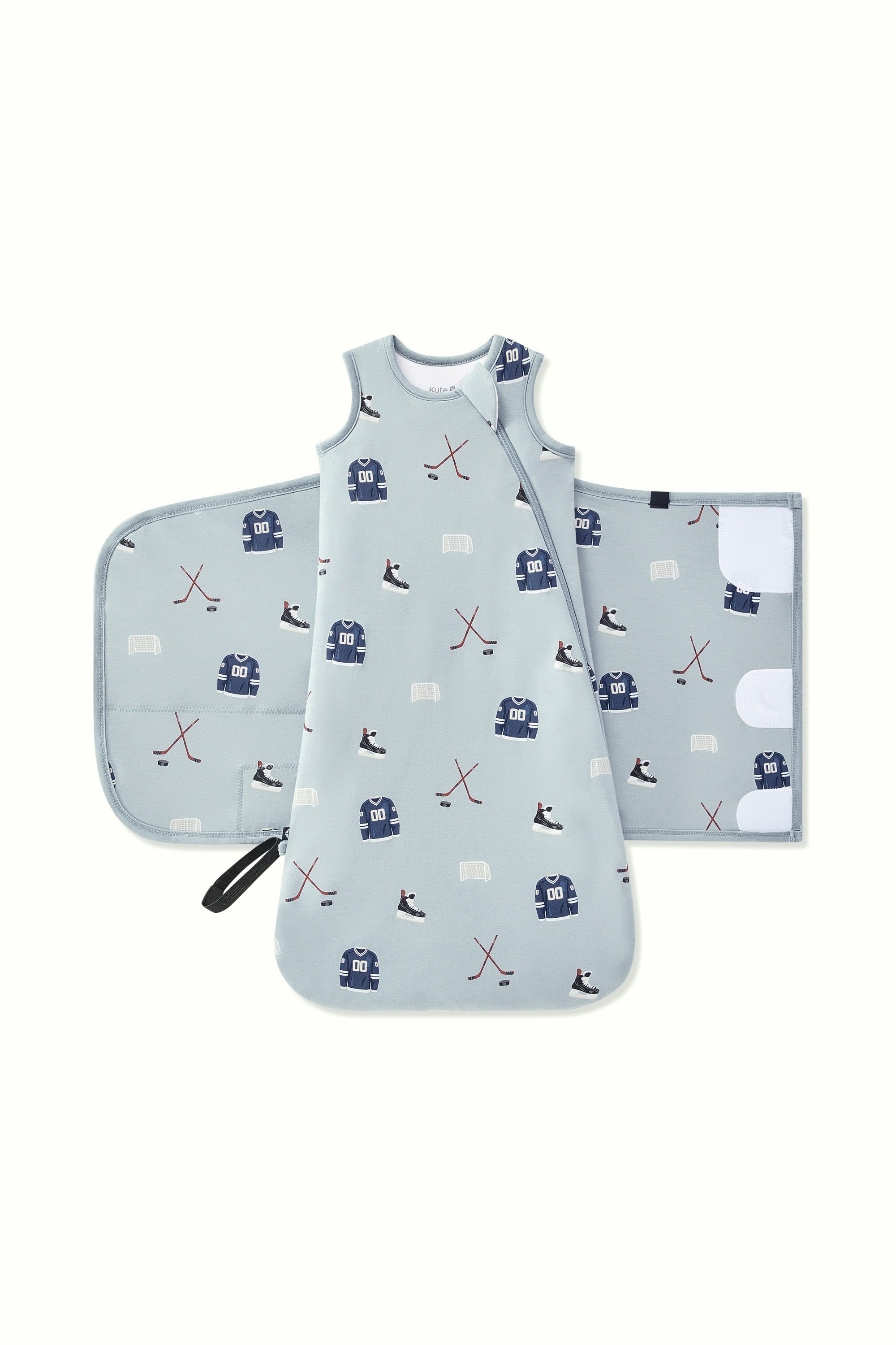Sleep Bag Swaddler in Vintage Hockey 1.0 print shown unswaddled on a white background