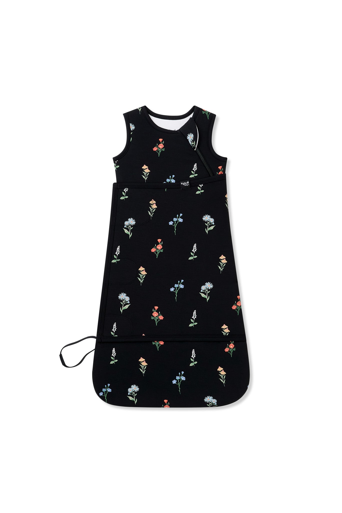 Black Sleep Bag Swaddler with Wildflower 1.0 print on a white background