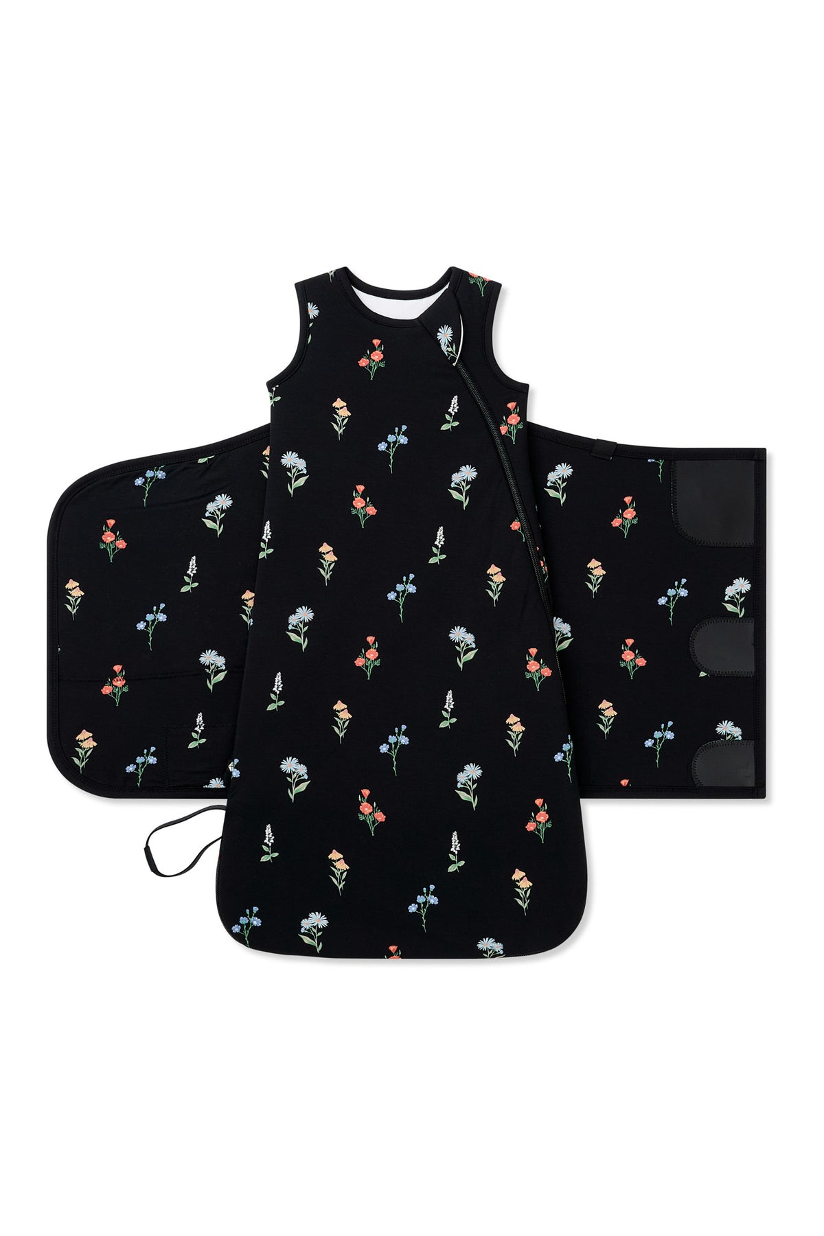 Black Sleep Bag Swaddler in Wildflower 1.0 print shown unswaddled on a white background