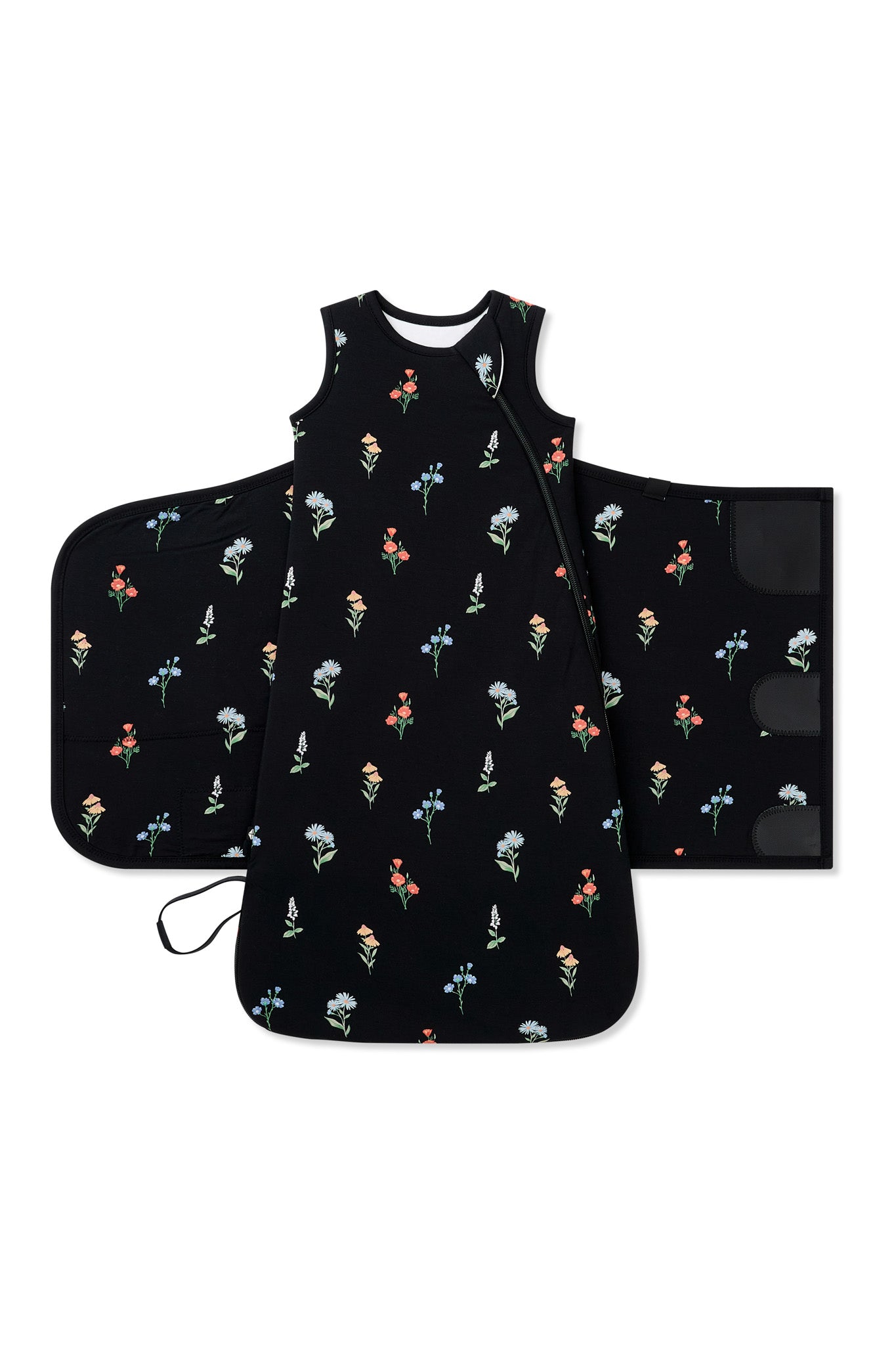 Black Sleep Bag Swaddler in Wildflower 1.0 print shown unswaddled on a white background