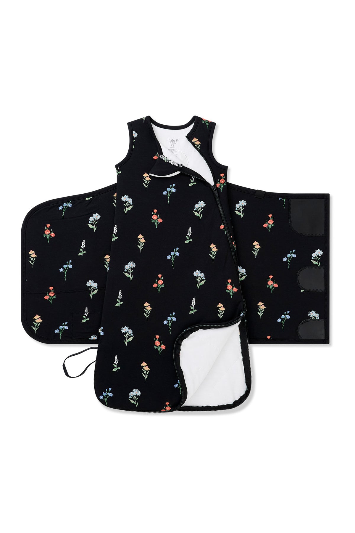 Double zipper shown on an unswaddled Black Sleep Bag Swaddler in Wildflower 1.0 print on a white background