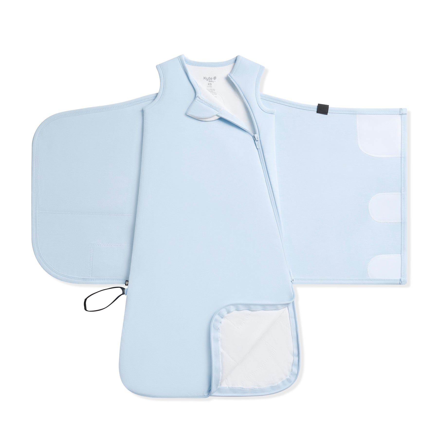 Unswaddled Sleep Bag Swaddler in Breeze 1.0 showing the double zipper function