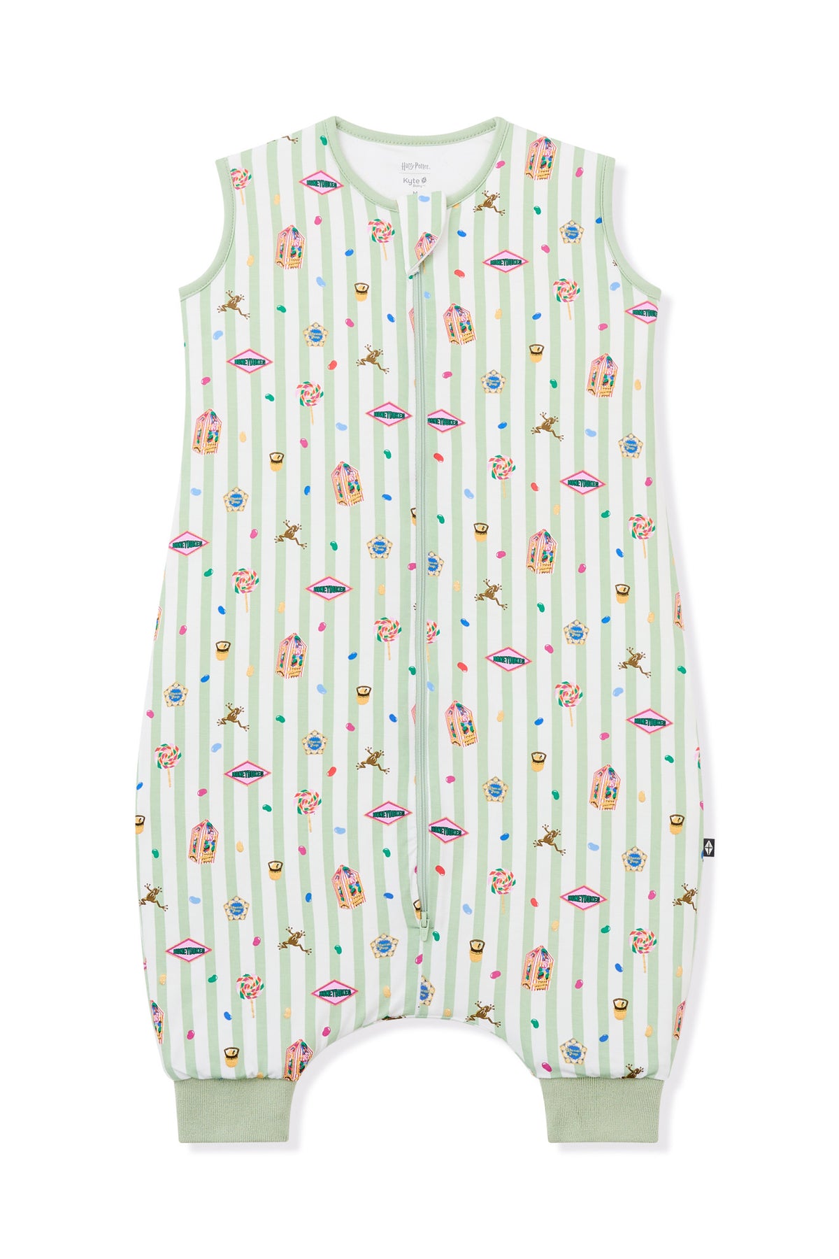 Green and white striped sleep bag walker with colorful Harry Potter pattern print on a white background