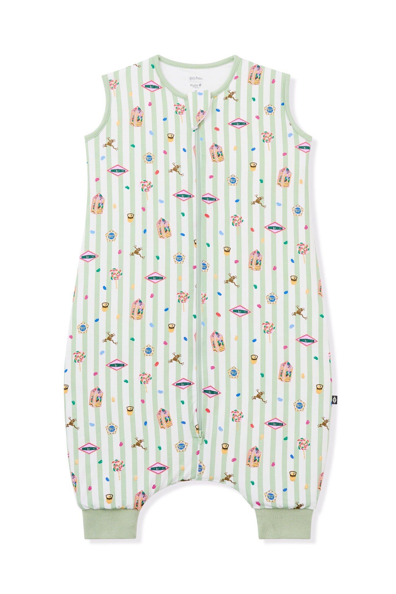 Green and white striped sleep bag walker with colorful Harry Potter pattern print on a white background