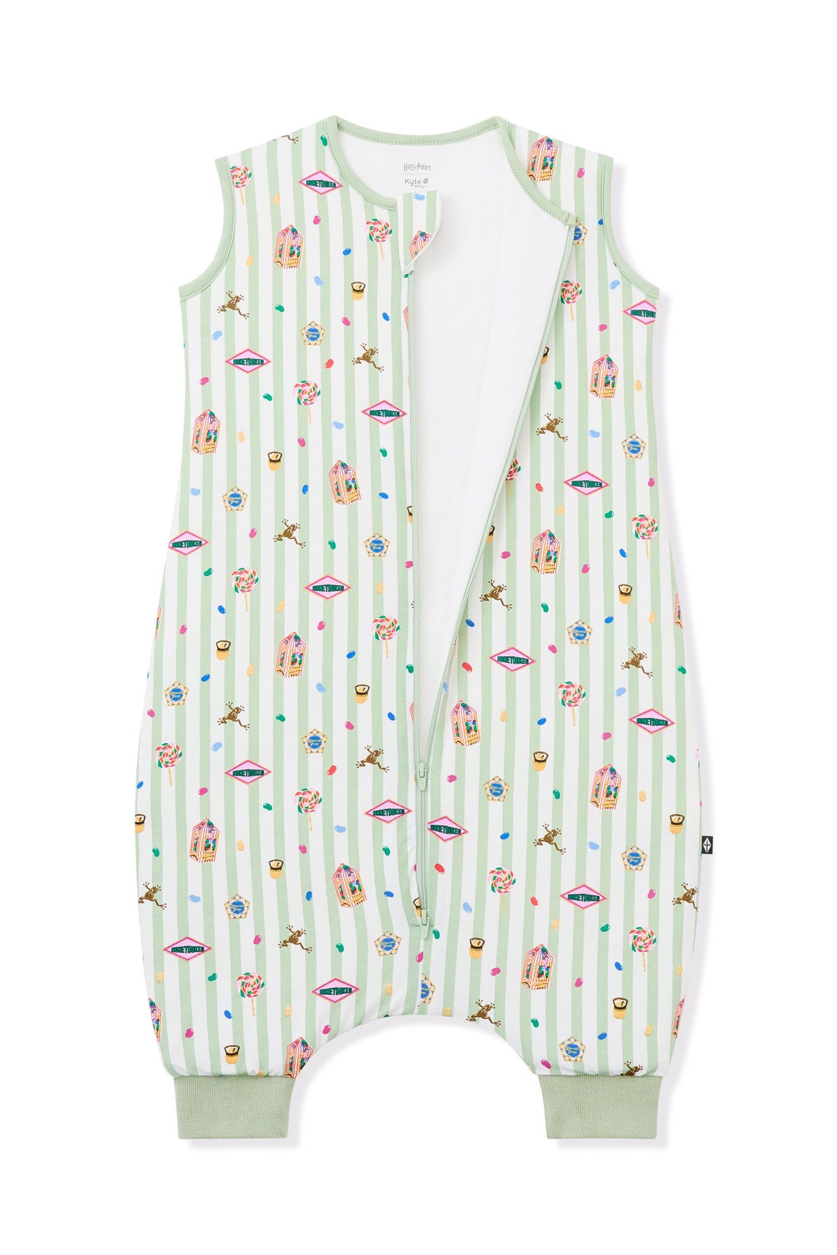 Open zipper of Sleep bag walker in Green and white striped fabric with colorful Harry Potter pattern print on a white background