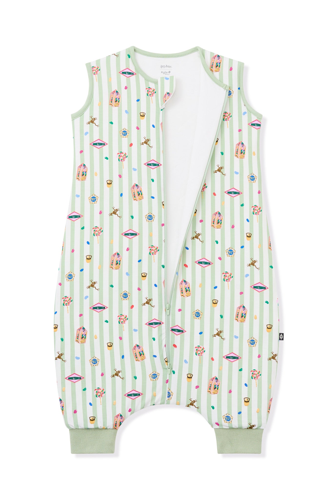 Open zipper of Sleep bag walker in Green and white striped fabric with colorful Harry Potter pattern print on a white background