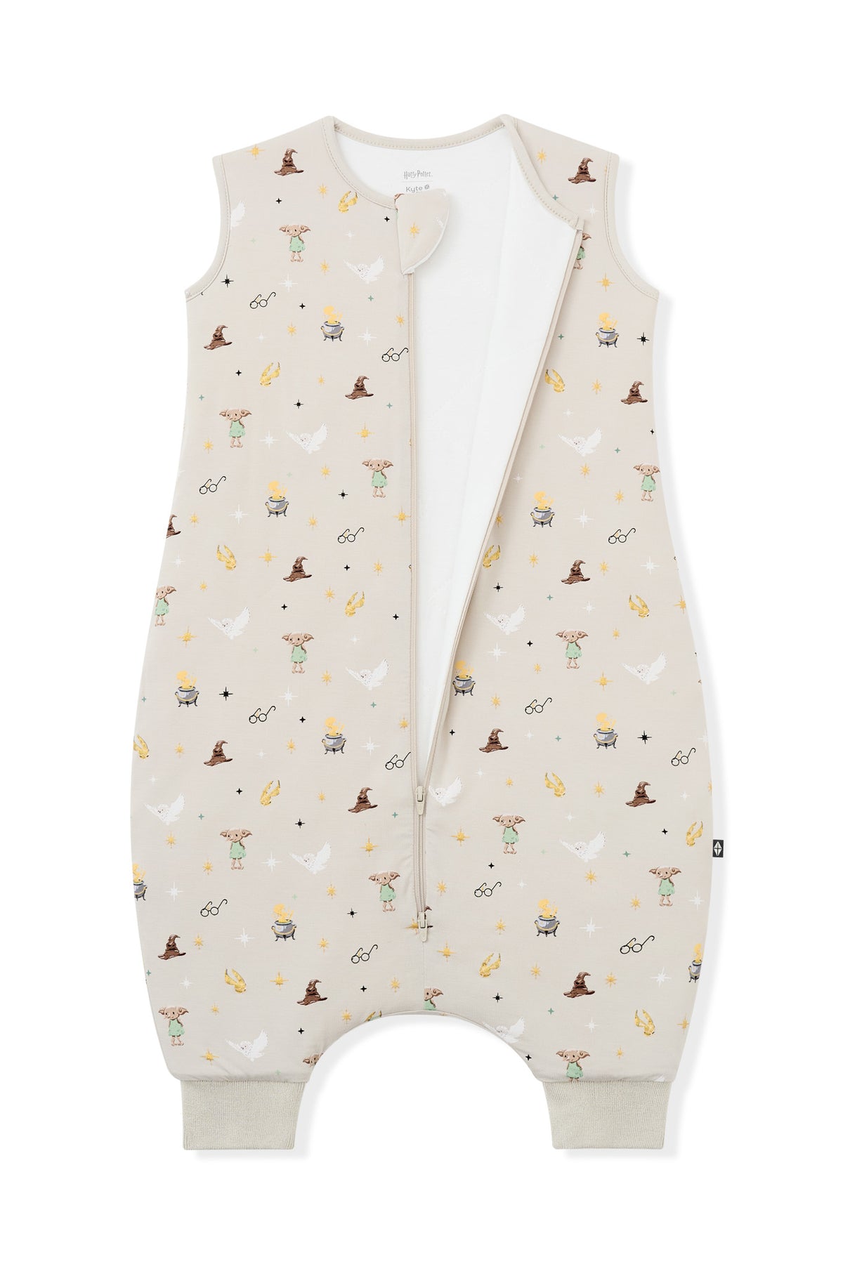 Open zipper of beige sleep bag walker with Harry Potter pattern print on a white background