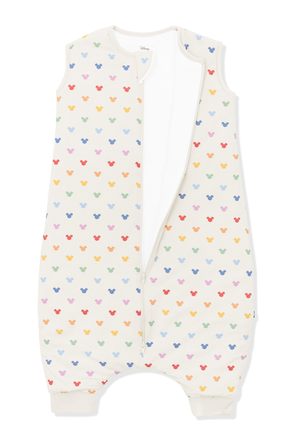 Front zipper of Sleep Bag Walker in Pastel Mickey Mouse pattern on an oat background