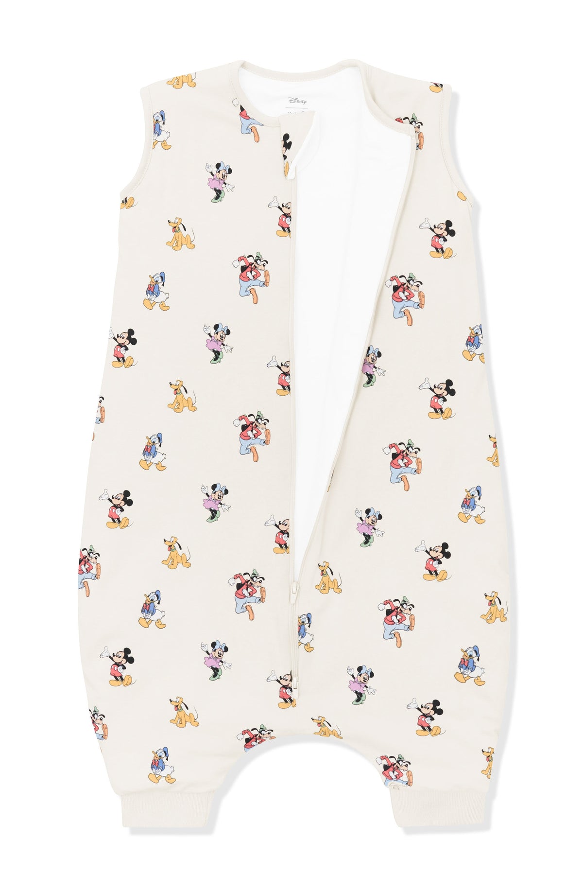 Front zipper of Sleep Bag Walker in Mickey Mouse and Friends print on an oat background