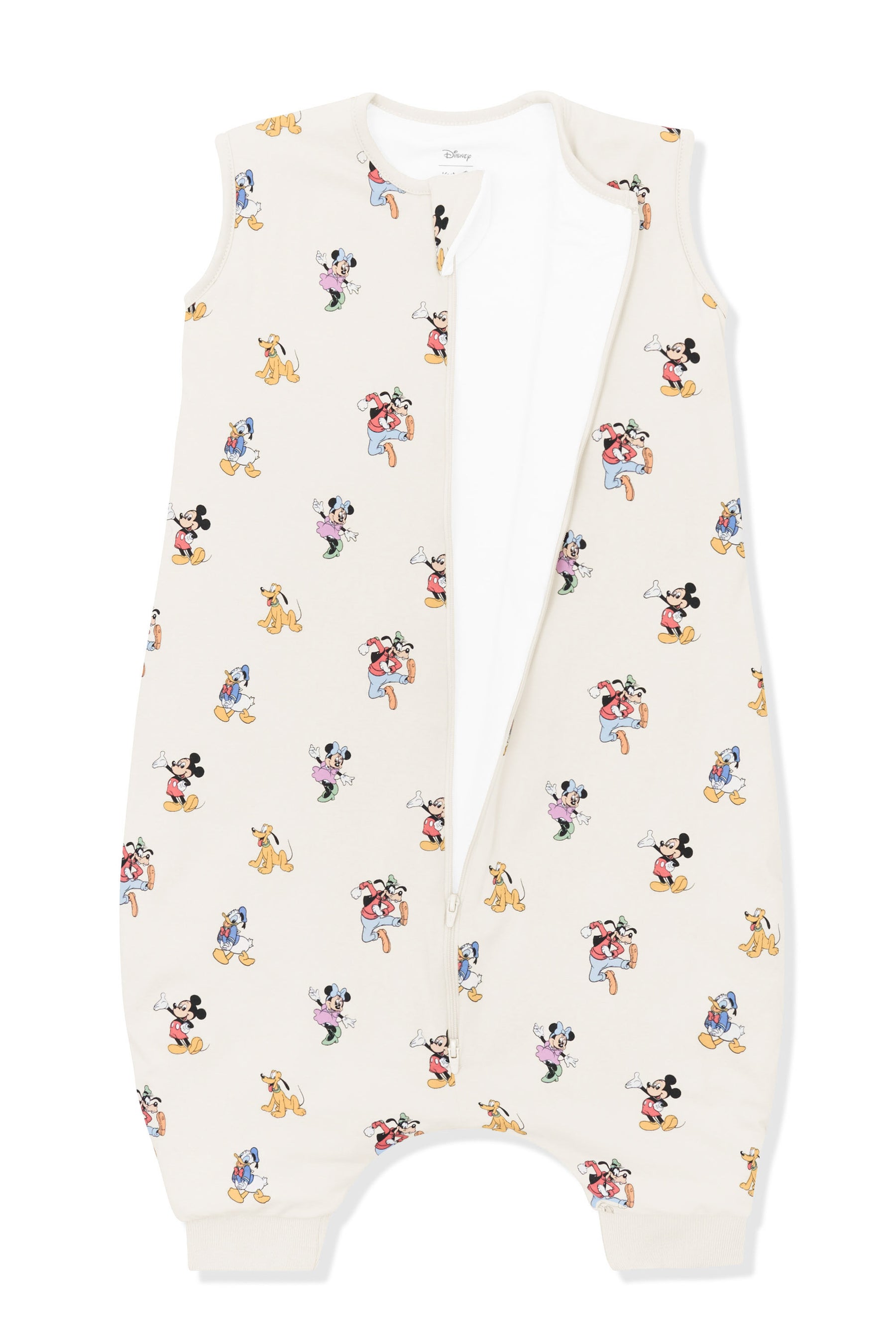 Front zipper of Sleep Bag Walker in Mickey Mouse and Friends print on an oat background