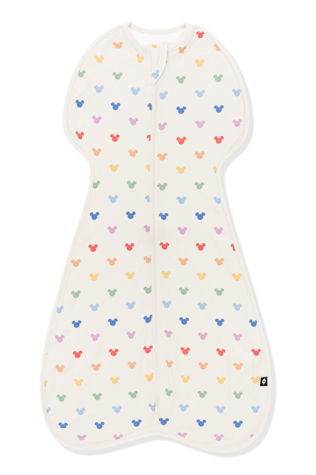 Baby swaddle bag with colorful mickey pattern on a white background