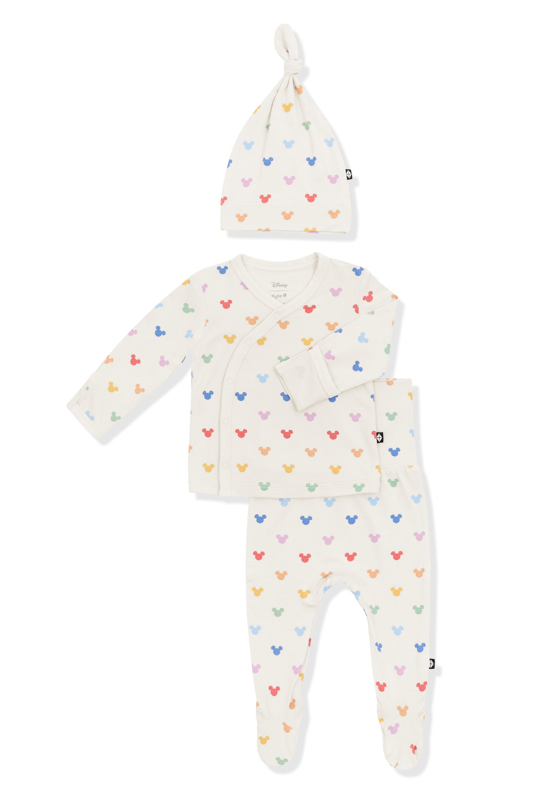 Baby Take Me Home Set with Cap with Pastel Mickey Mouse pattern on an oat background