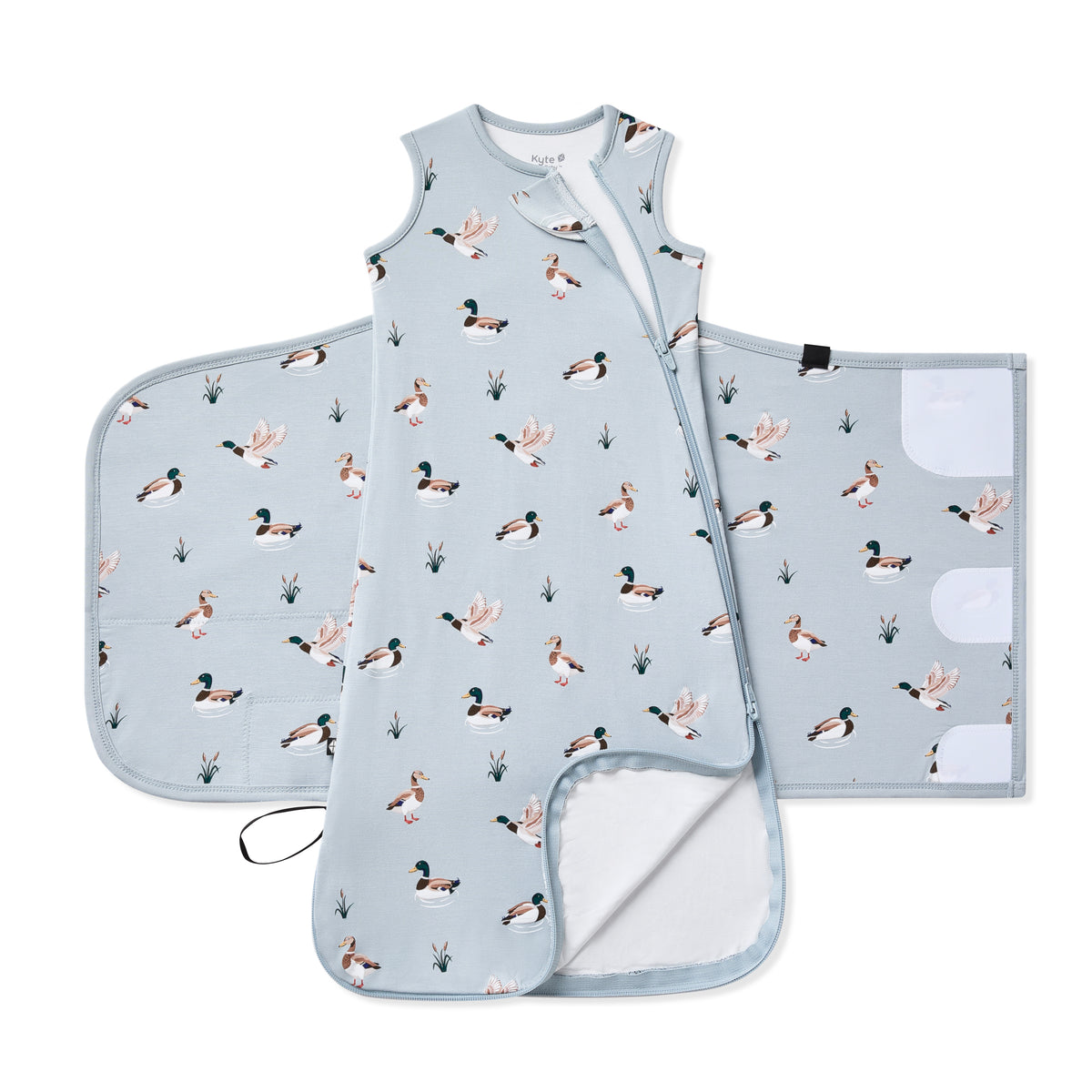 Double zipper shown on an unswaddled Sleep Bag Swaddler in Mallard Duck 0.5
