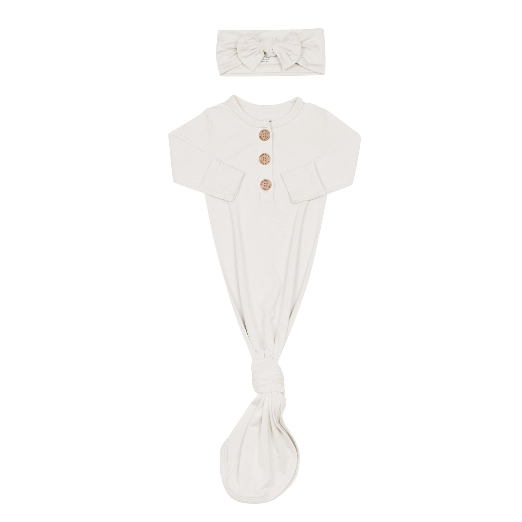 Knotted Gown with Bow Set in Oat  showing foldable mittens for hospital newborn outfit