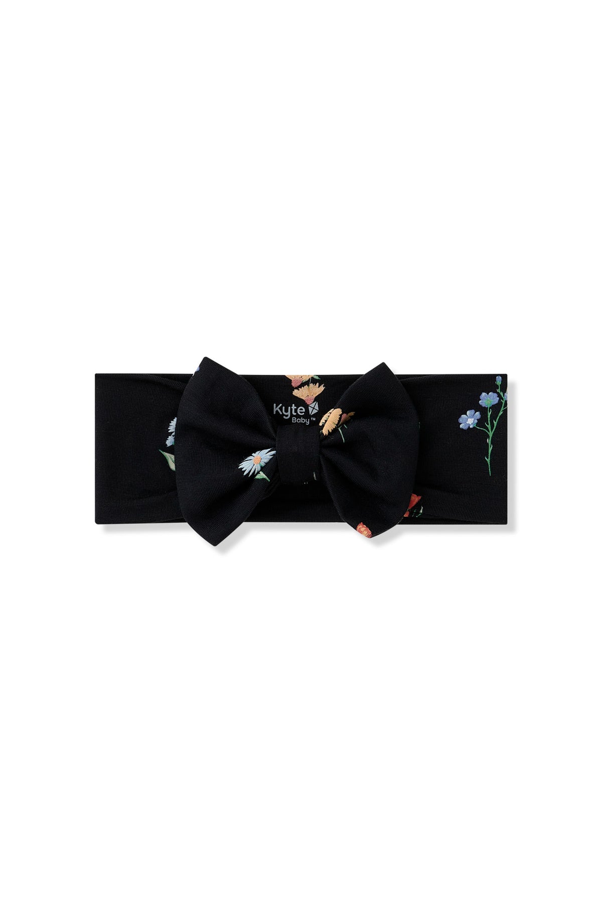 Black Bow Headband in Wildflower print on a white background