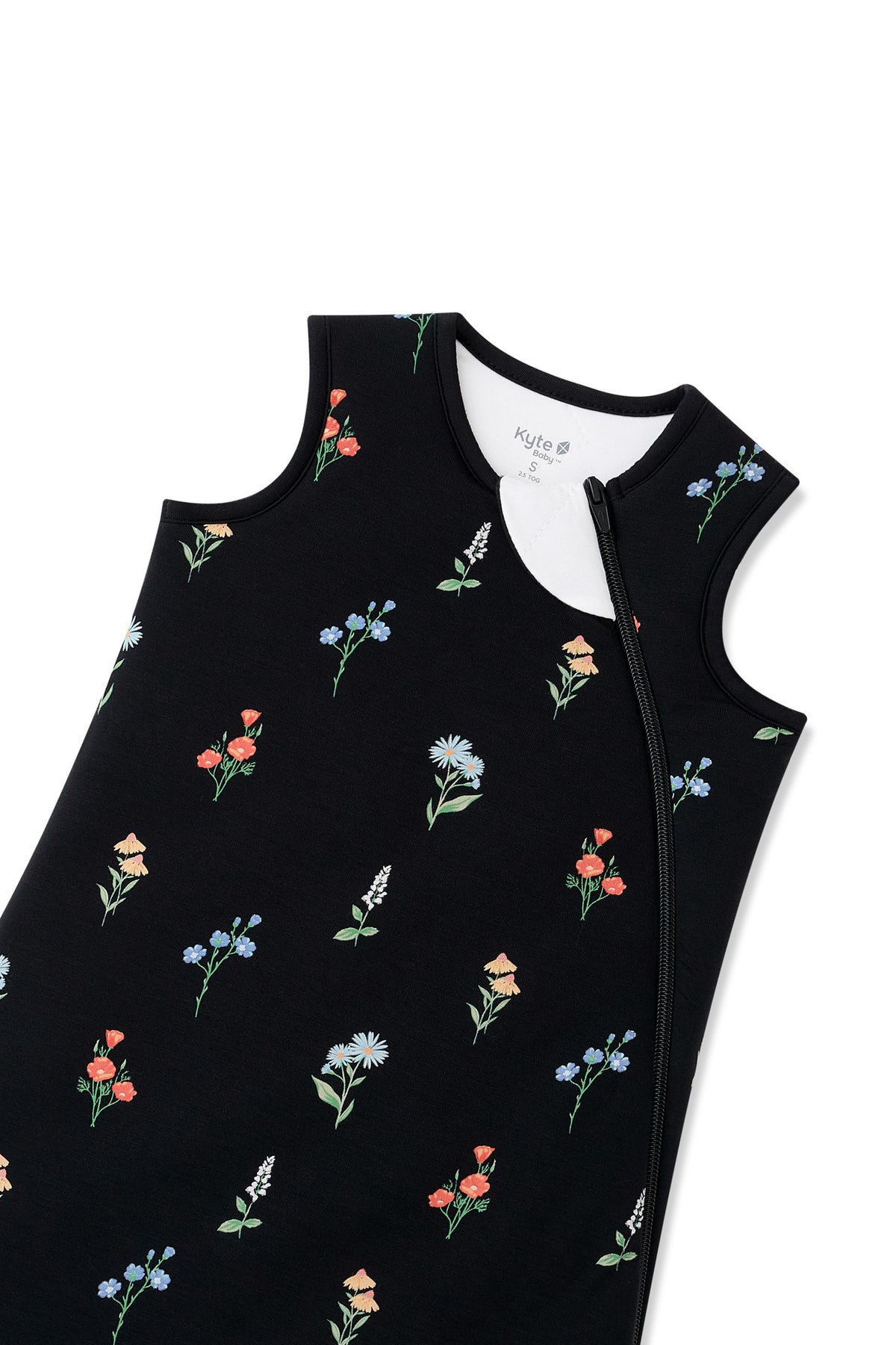 Black Sleep Bag in Wildflower 2.5 print with zipper garage on a white background