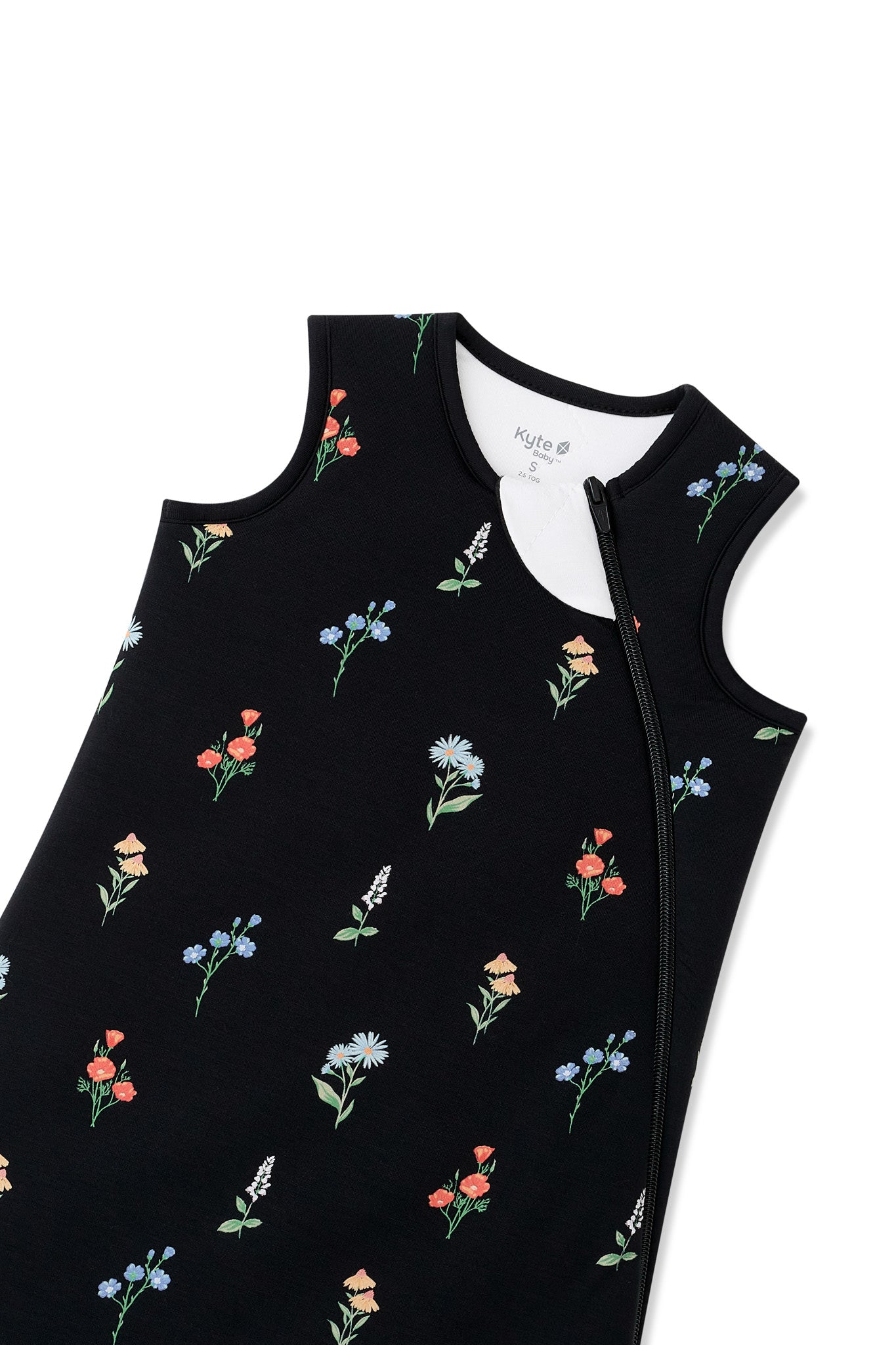 Black Sleep Bag in Wildflower 2.5 print with zipper garage on a white background