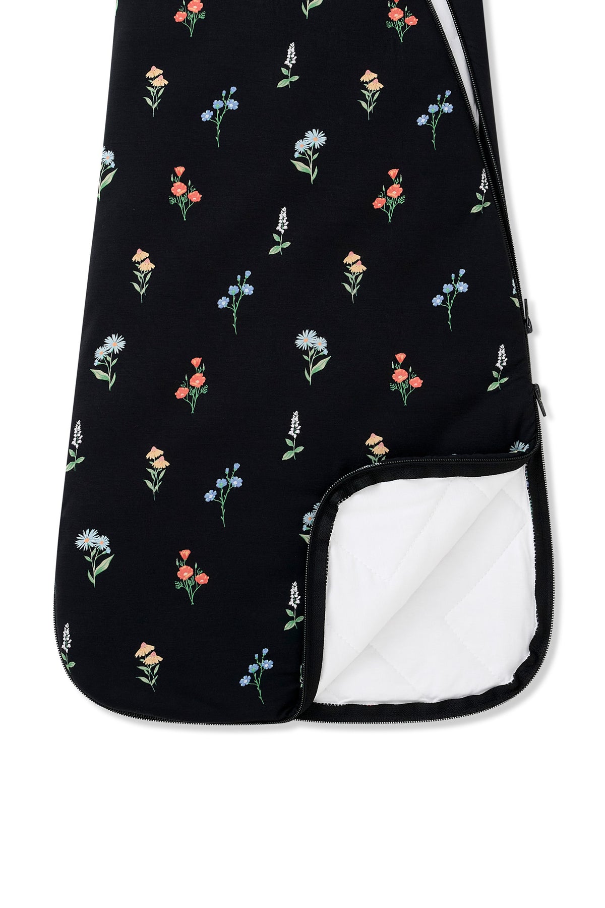 Black Sleep Bag in Wildflower 2.5 print with dual zipper on a white background
