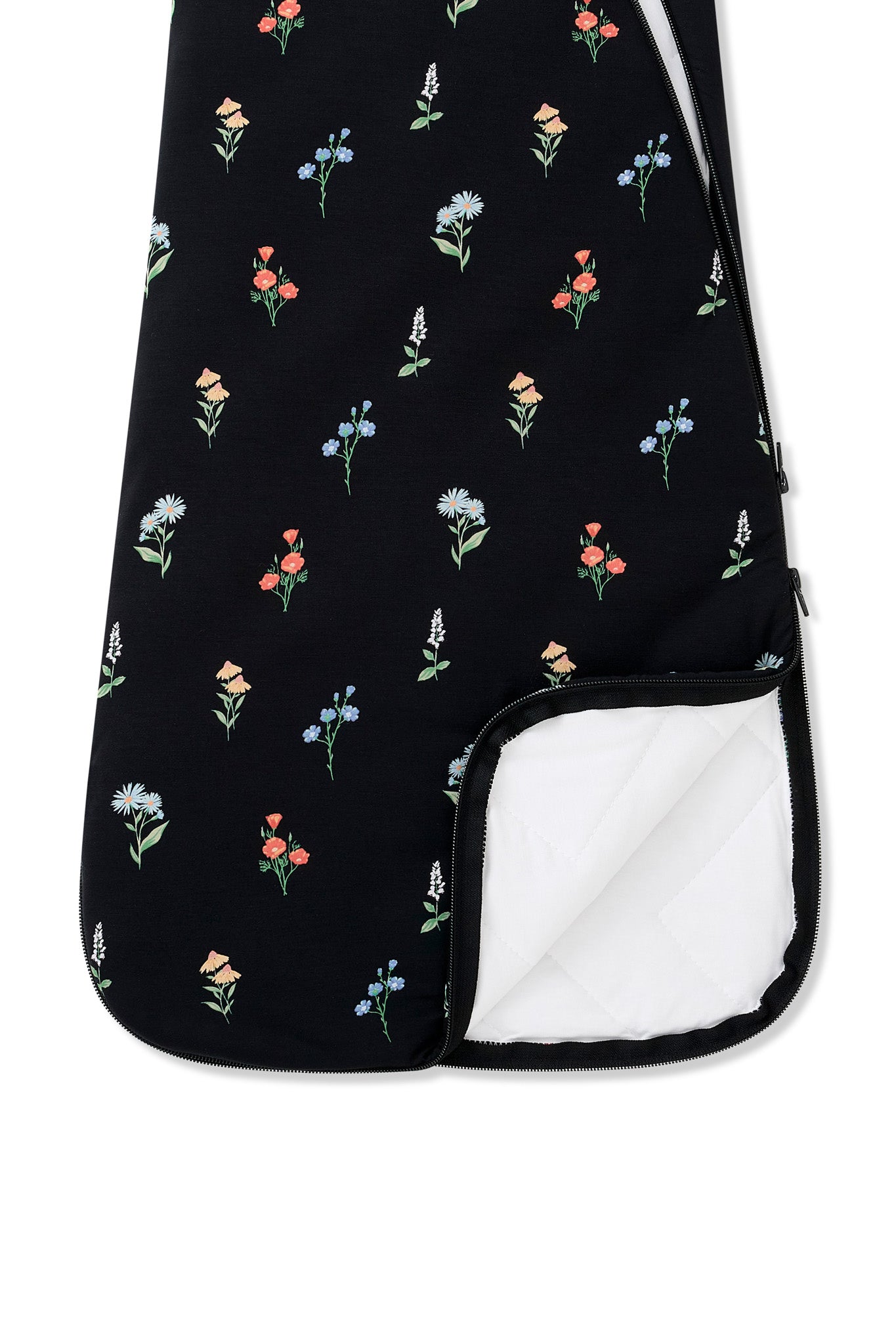 Black Sleep Bag in Wildflower 2.5 print with dual zipper on a white background