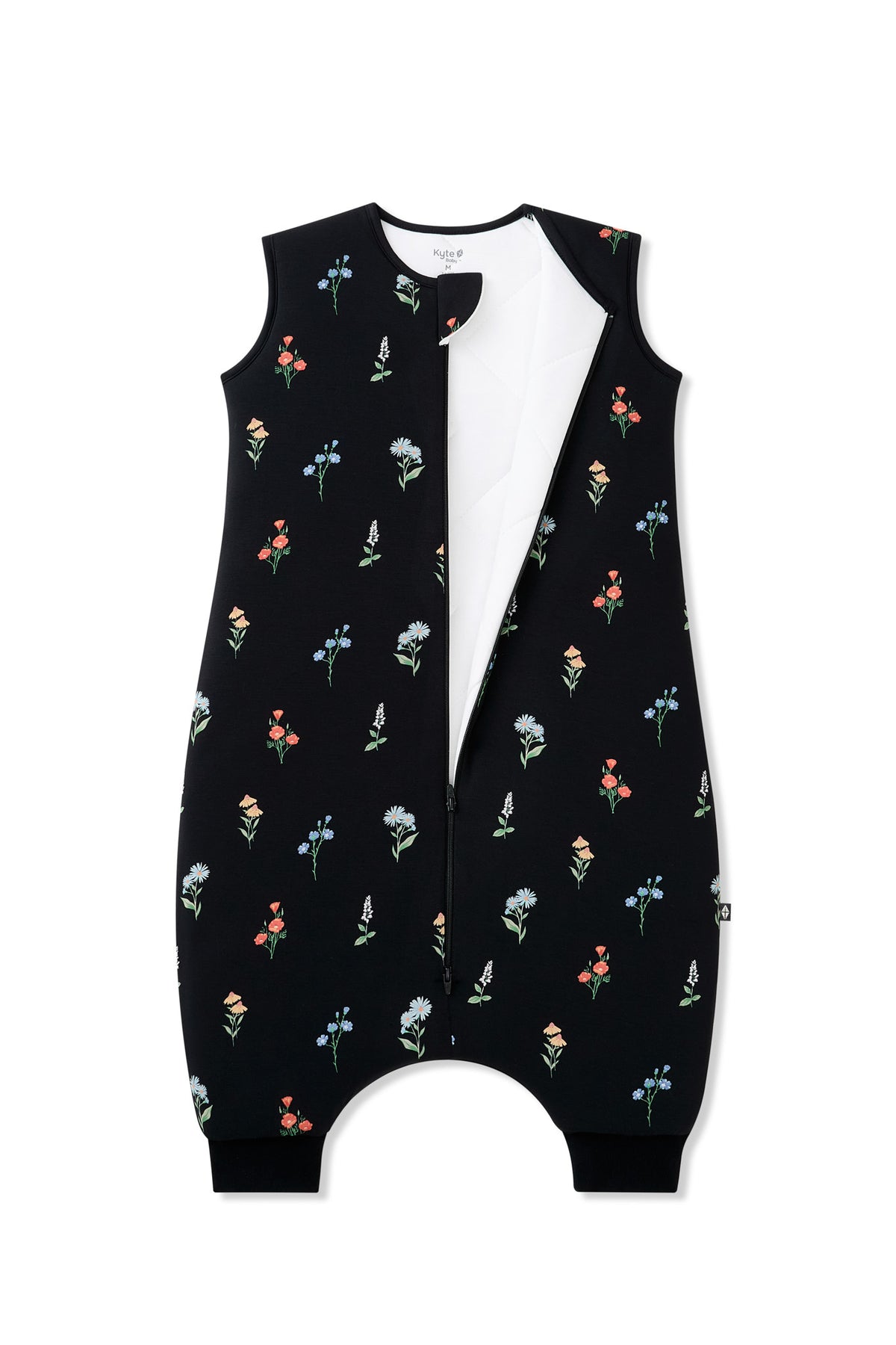 Black Sleep Bag Walker in Wildflower 2.5 print with zipper on a white background