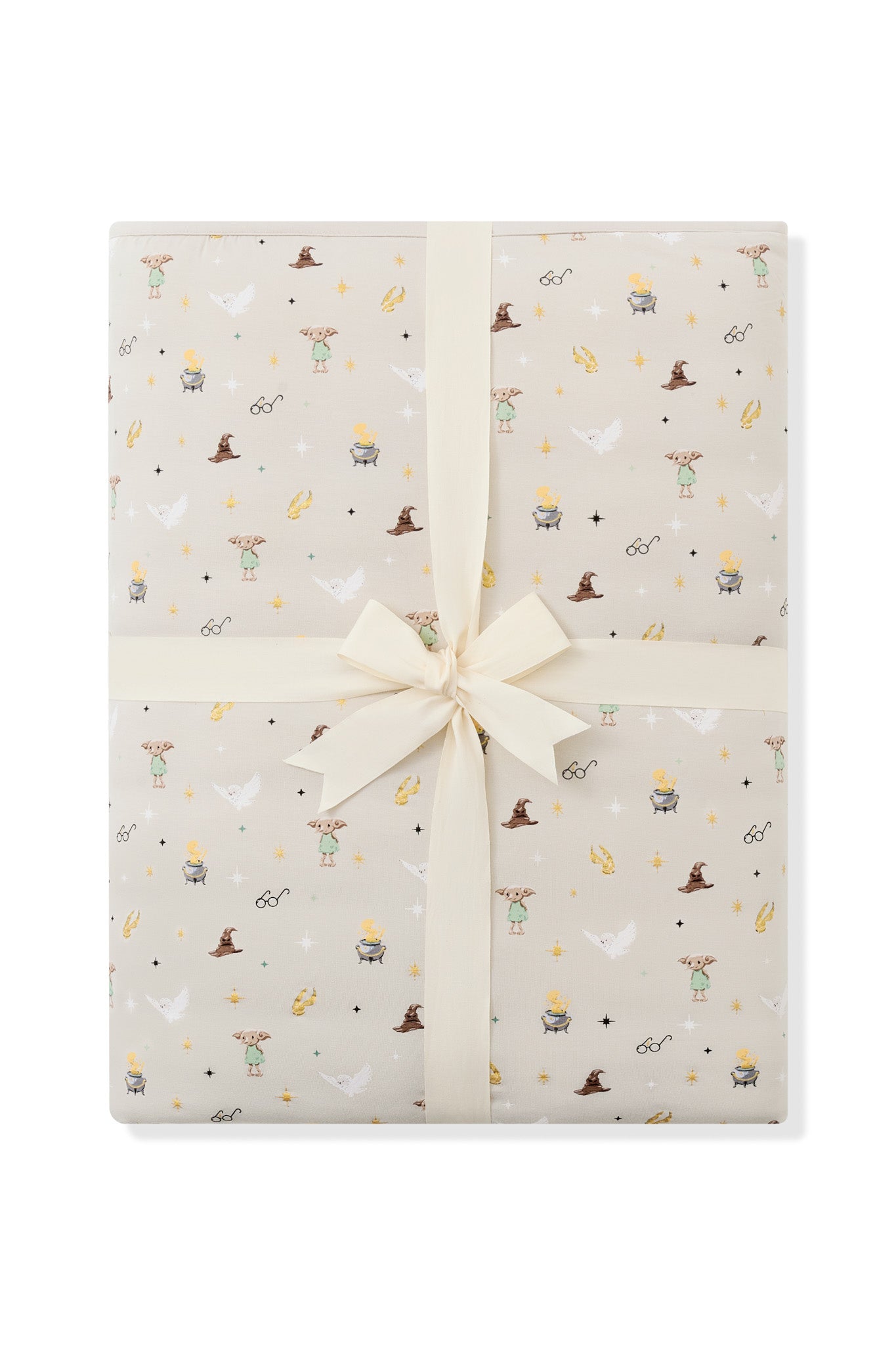 Packed Beige Adult Blanket in Harry Potter pattern print with a ribbon on a white background
