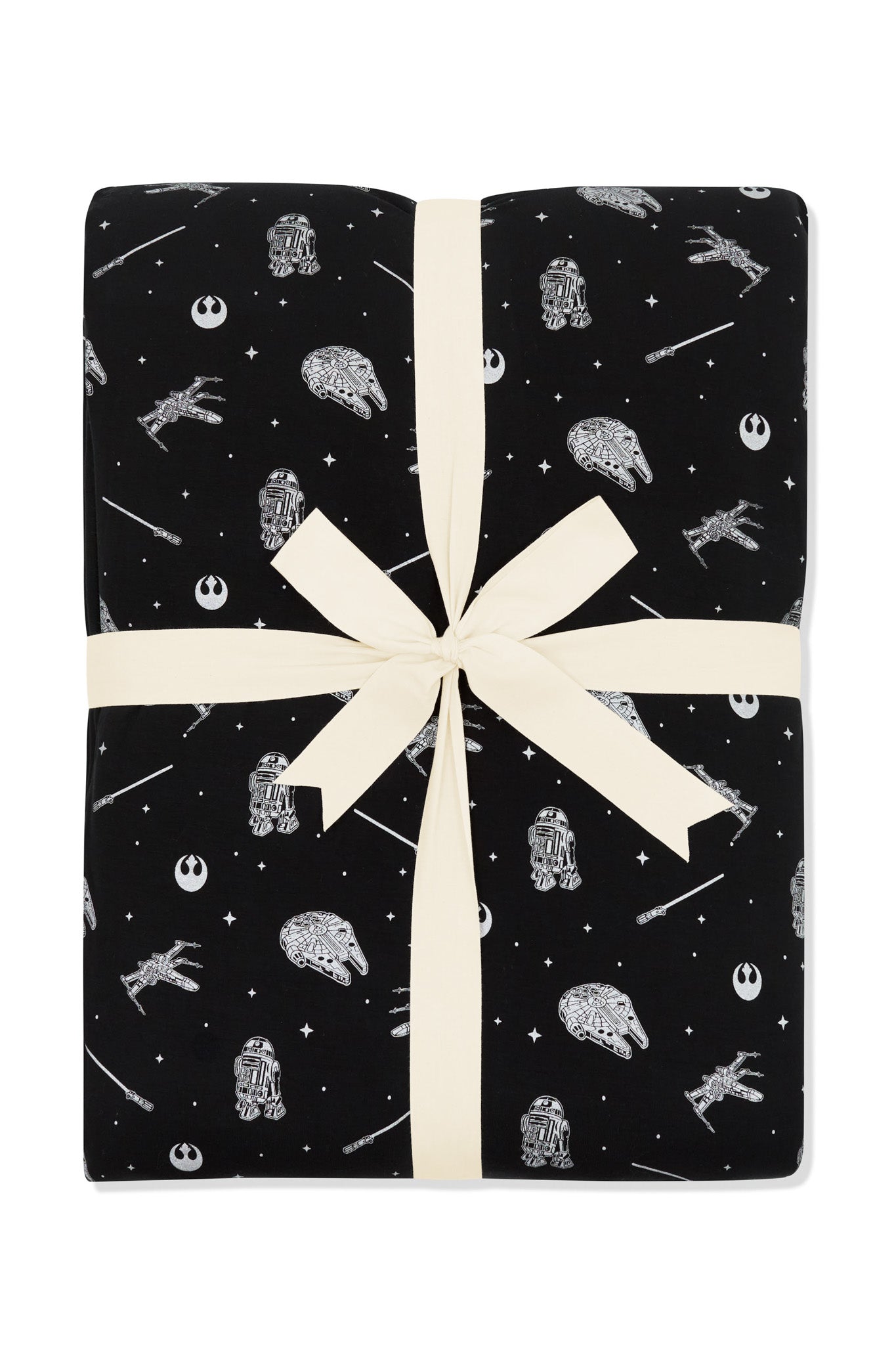 Black blanket with a star wars x kyte baby print featuring space ships