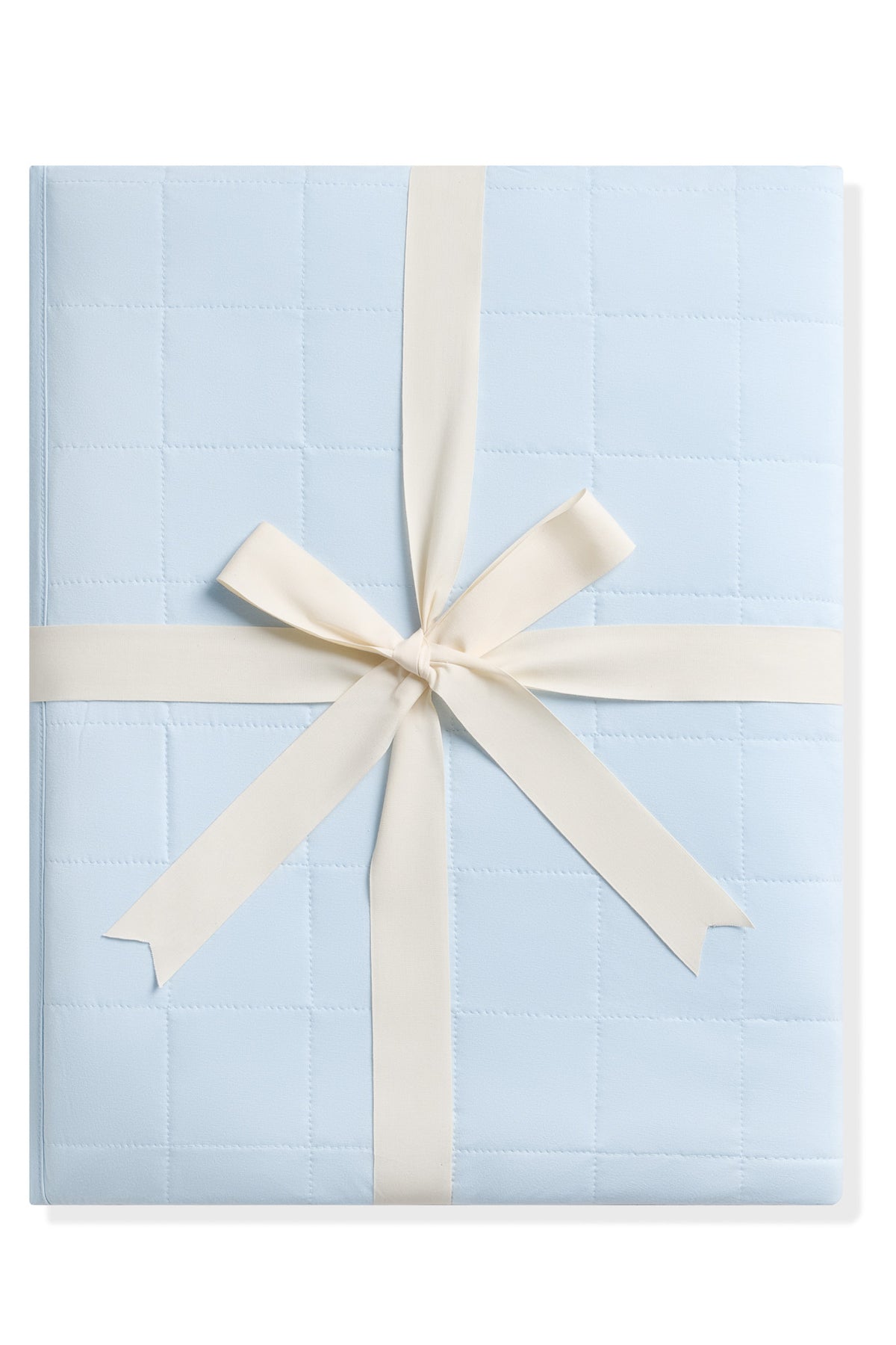Product photo of the Adult Quilted Blanket in Breeze 1.0 shown tied in its linen ribbon