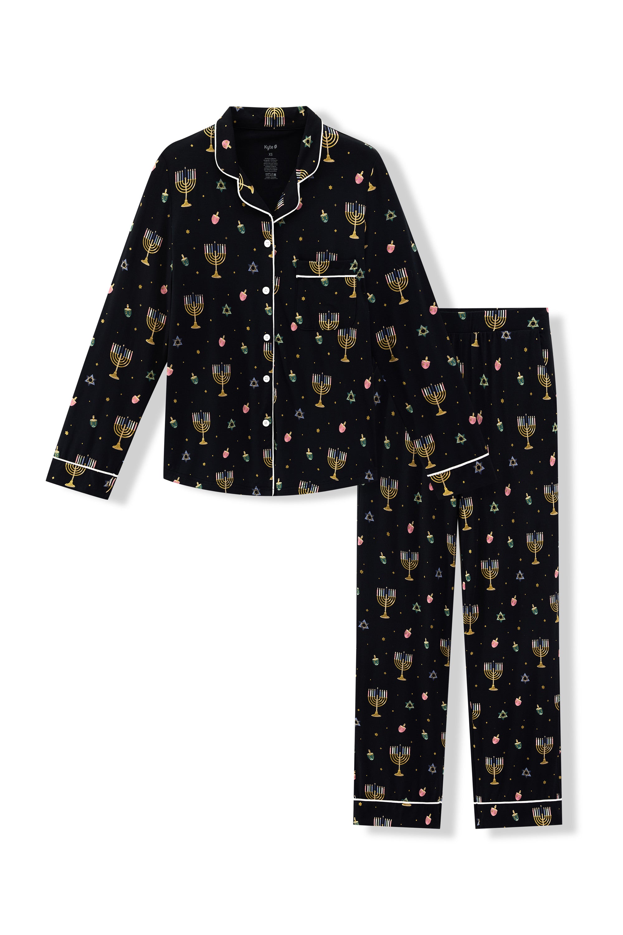 Black Long-Sleeved Women's Pajama Set in Hanukkah Nights print on a white background
