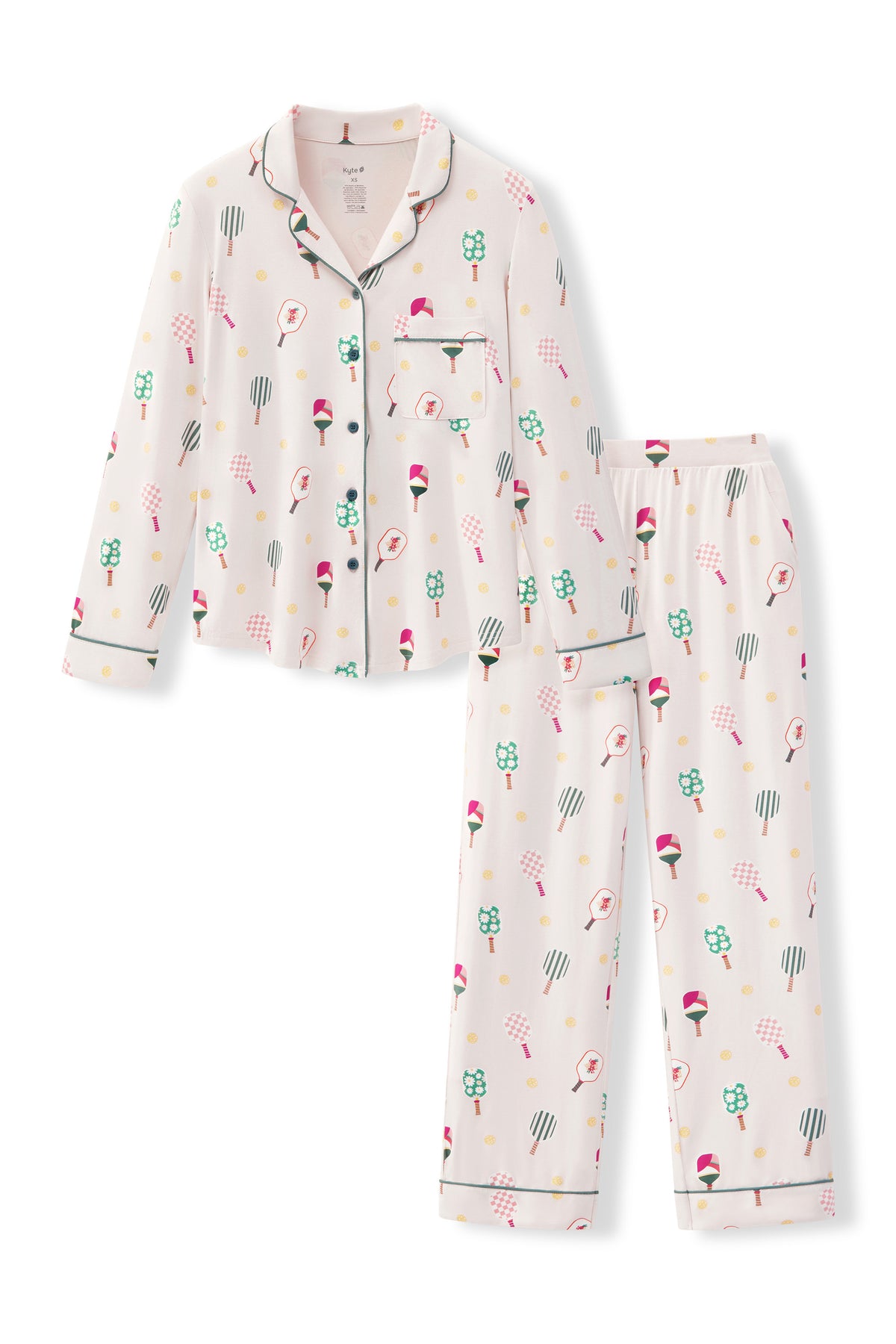 Long-Sleeved Women's Pajama Set in Pickleball print on a white background