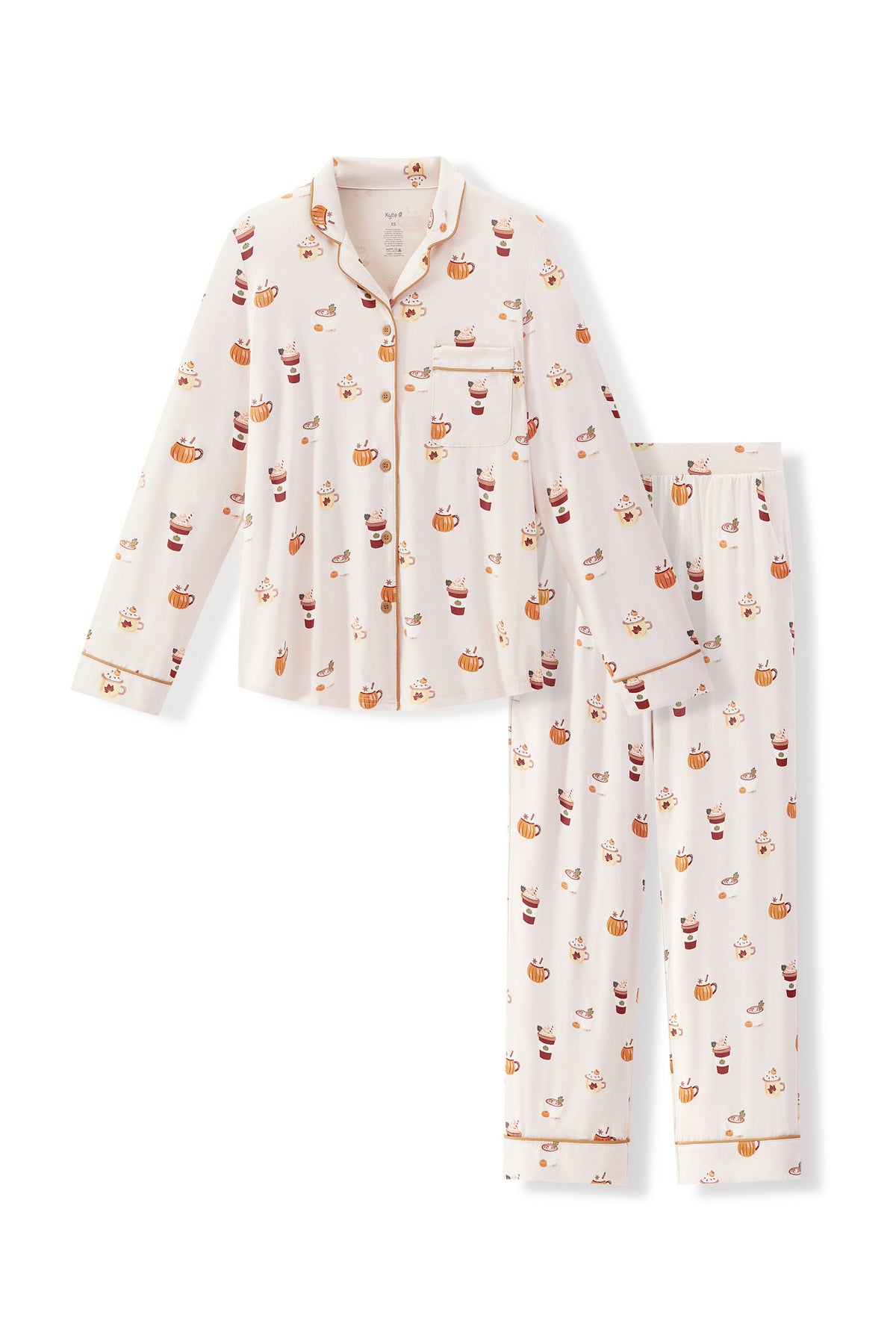 Long-Sleeved Women's Pajama Set in Pumpkin Spice Latte print on a white background