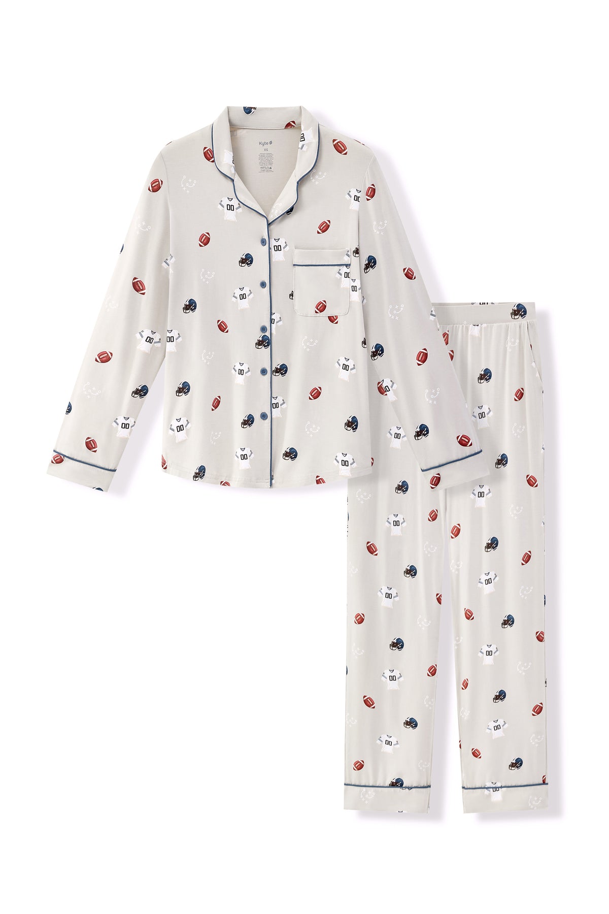 Long-Sleeved Women's Pajama Set in Vintage Football print on a white background