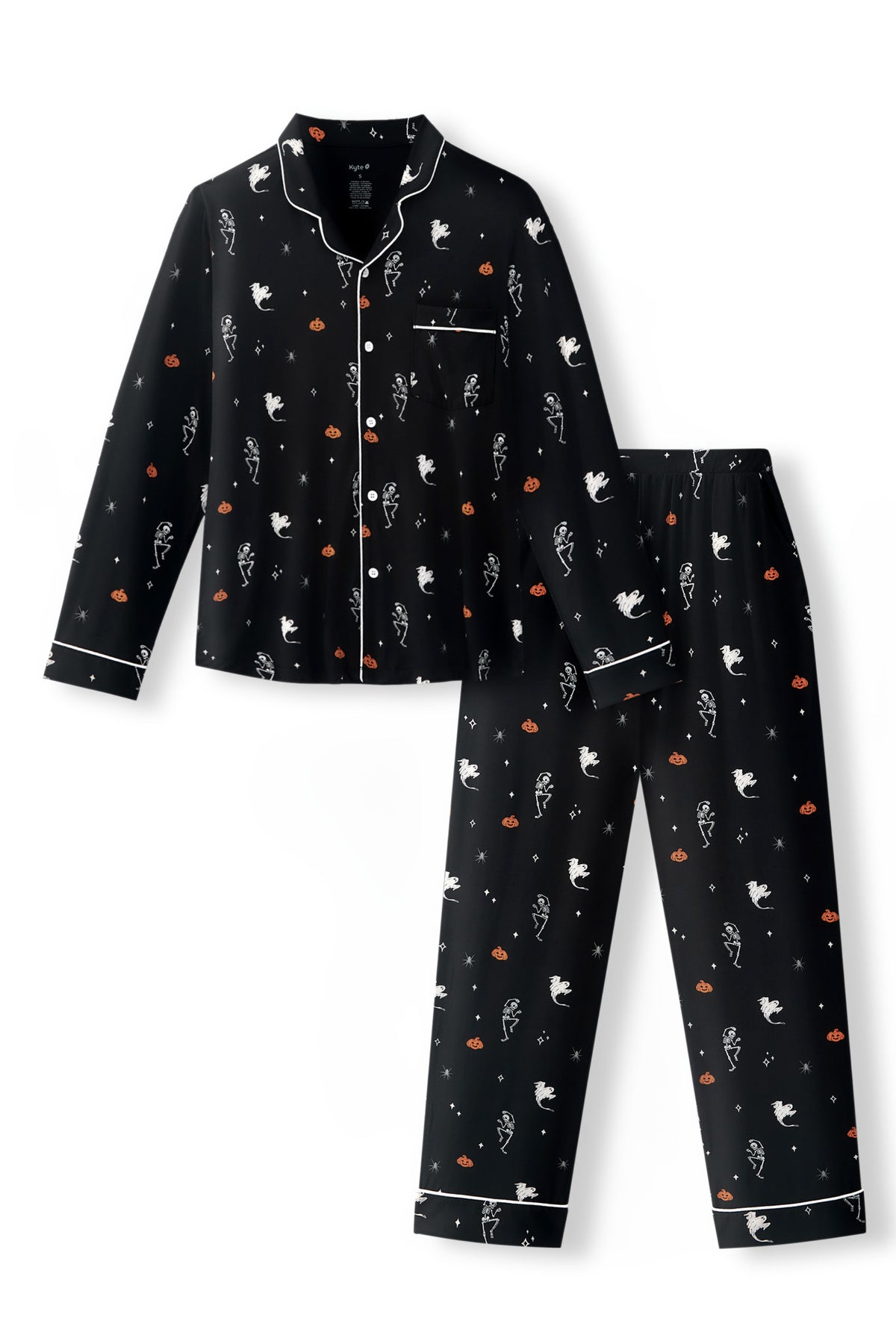Black Men's Long Sleeve Pajama Set in Halloween Friends print on a white background