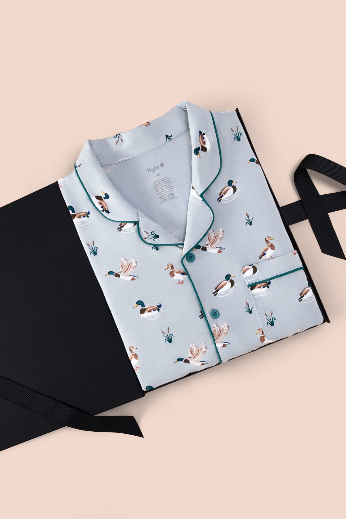 Men's Long Sleeve Pajama Set in Mallard Duck print packed in a box on a beige background