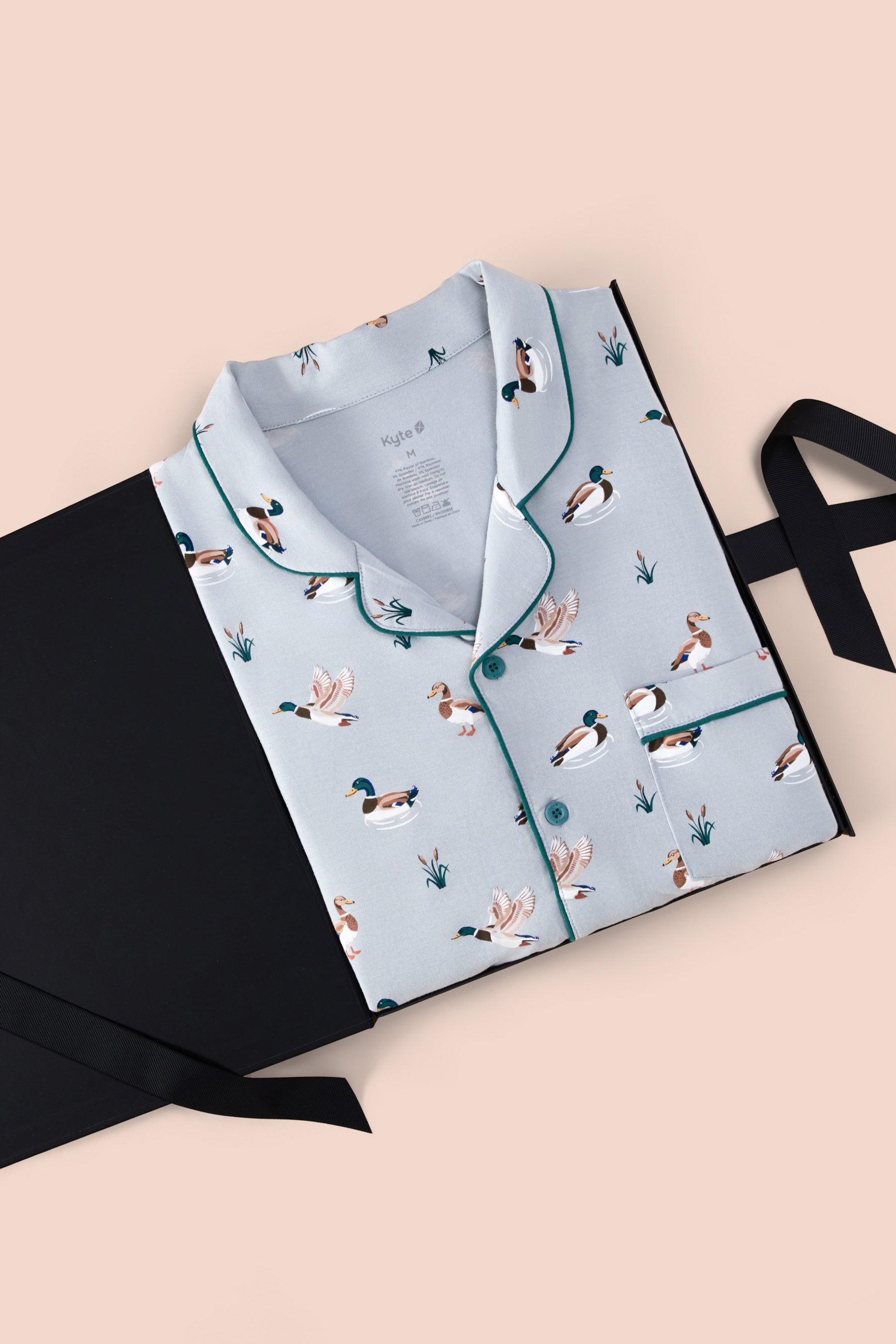Men's Long Sleeve Pajama Set in Mallard Duck print packed in a box on a beige background