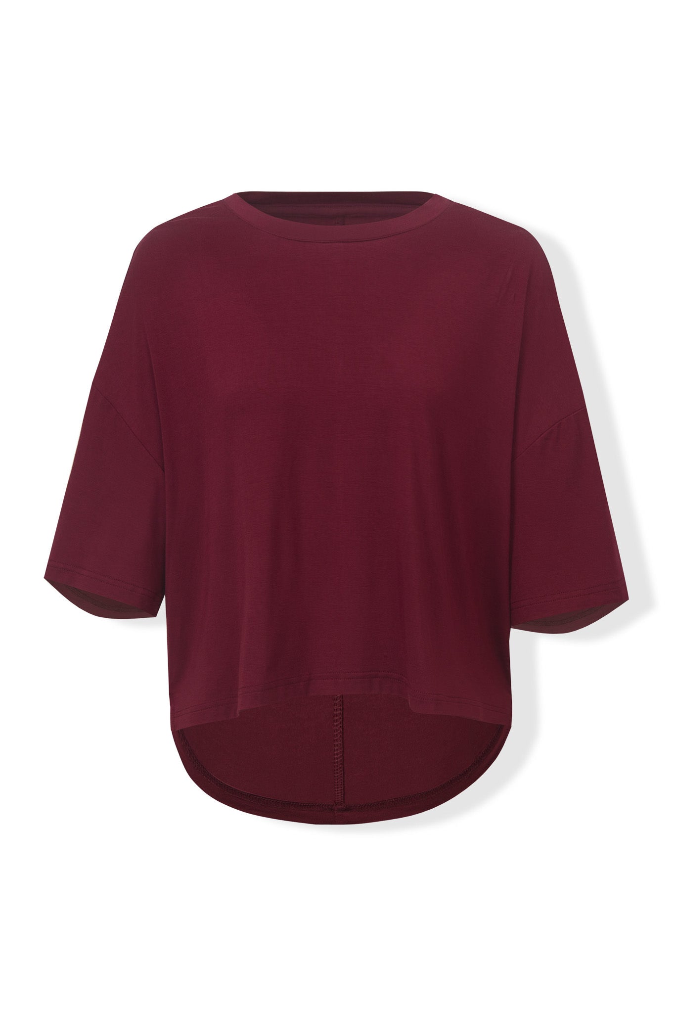 Women's Short Sleeve Boxy Tee in Burgundy on a white background