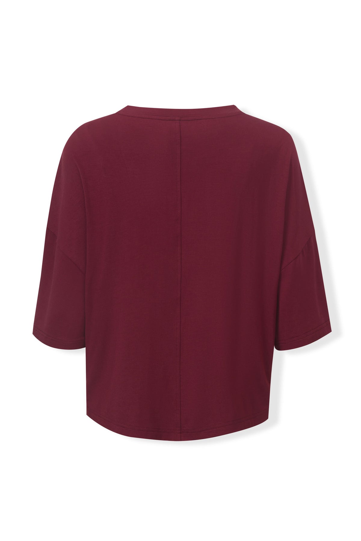 Back side of Women's Short Sleeve Boxy Tee in Burgundy on a white background