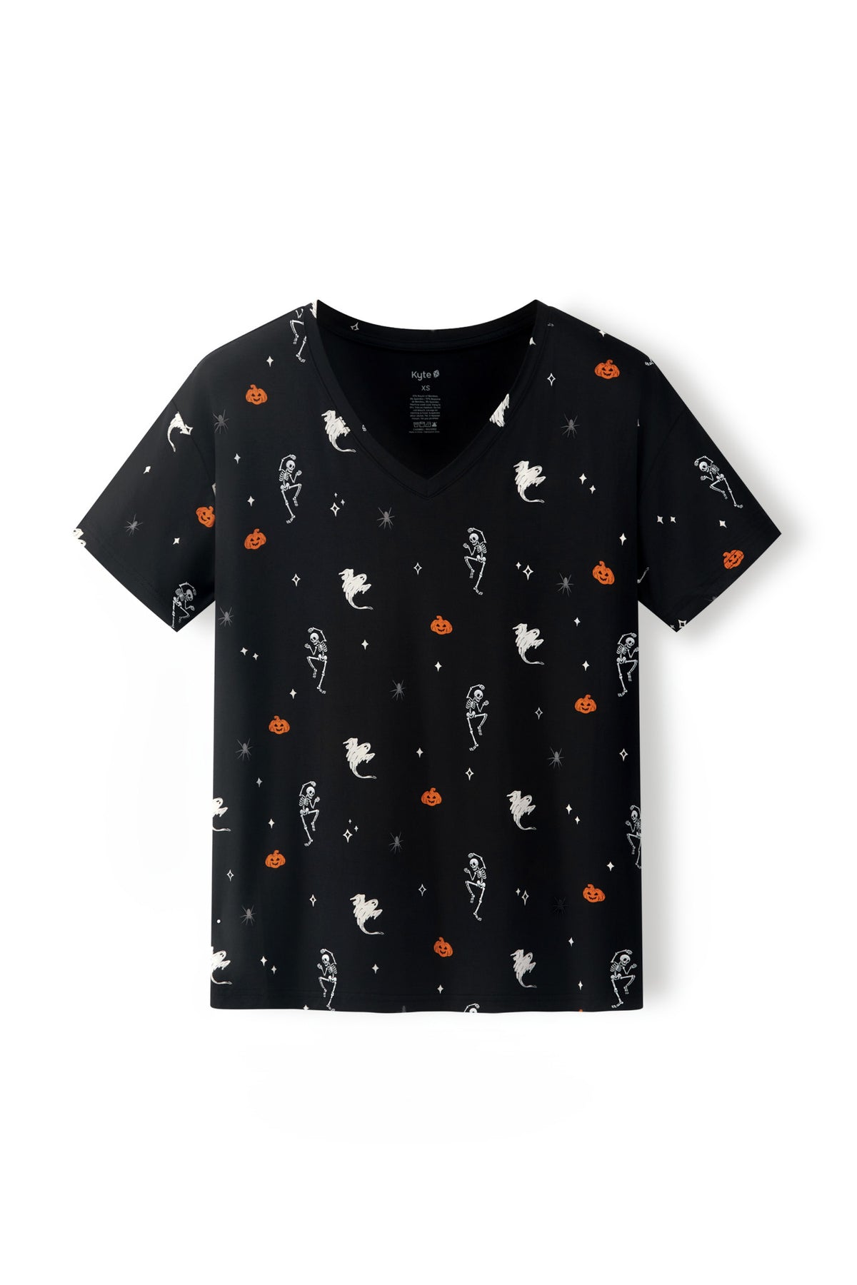 Black Women's Relaxed Fit V-Neck in Halloween Friends print on a white background