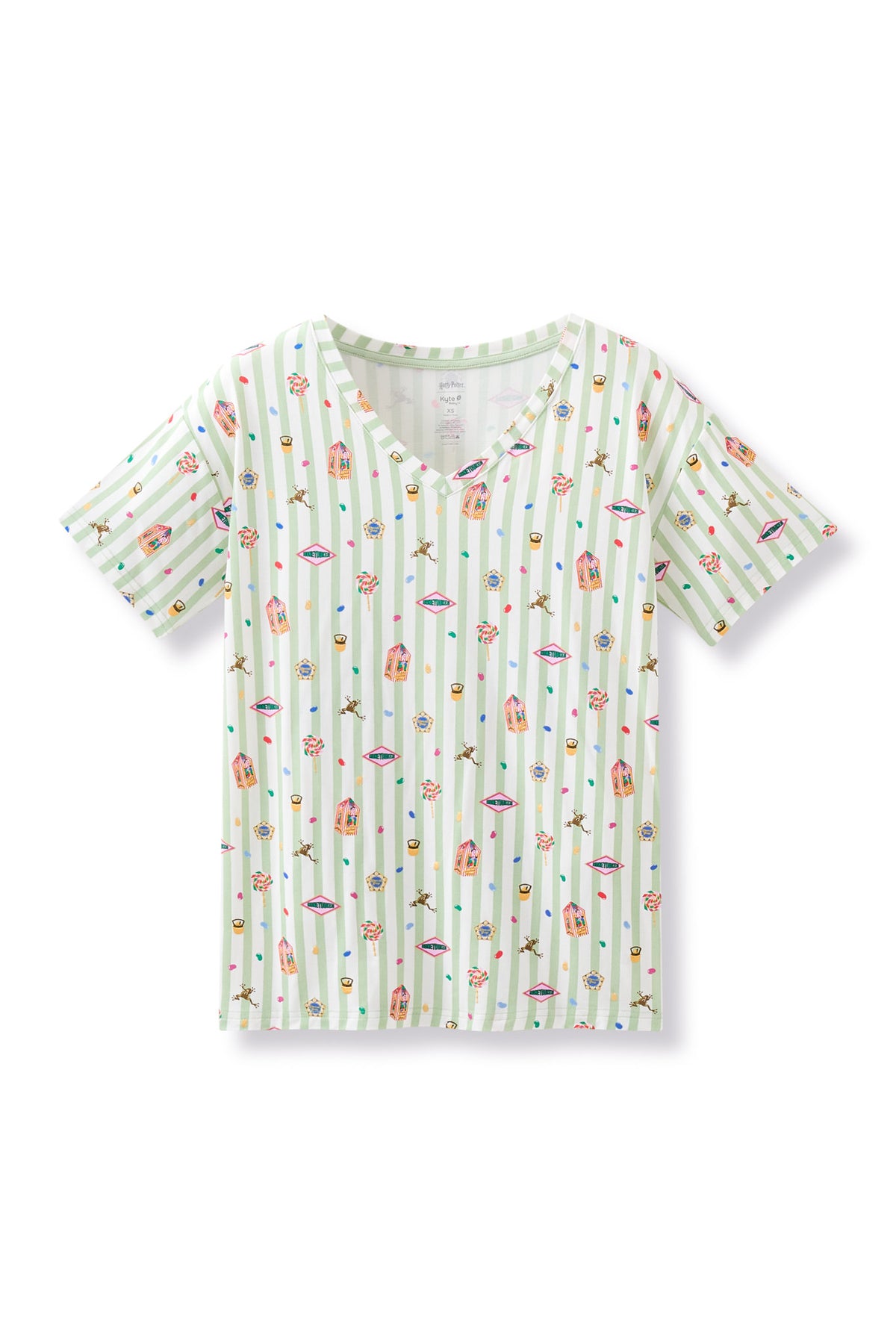 Women's Relaxed Fit V-Neck with colorful Harry Potter patterns on a green and white striped fabric on a white background
