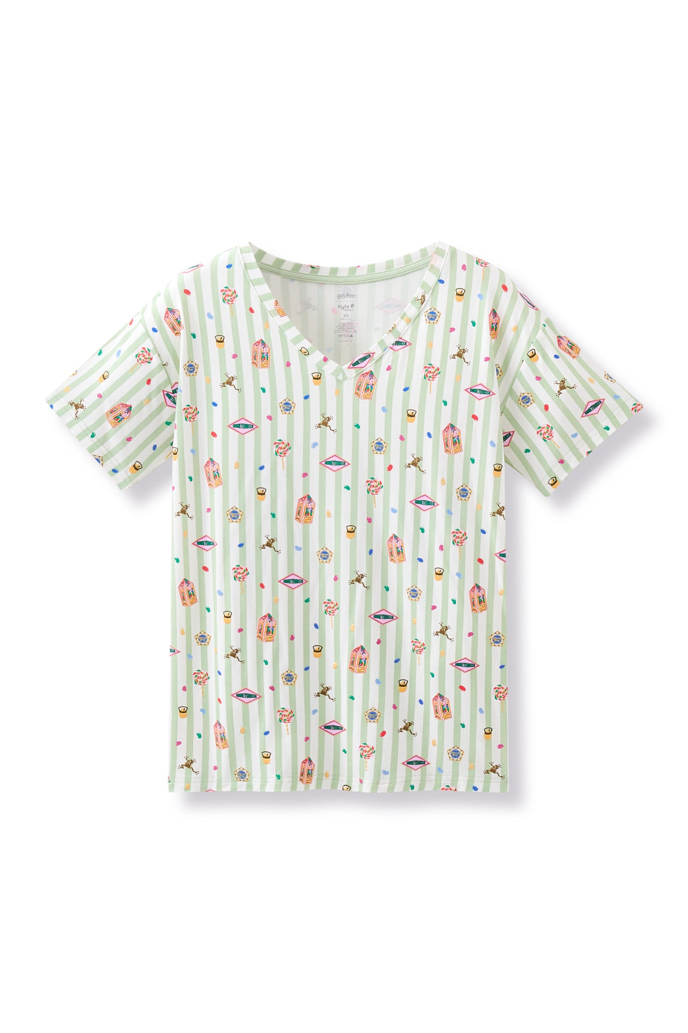 Women's Relaxed Fit V-Neck with colorful Harry Potter patterns on a green and white striped fabric on a white background
