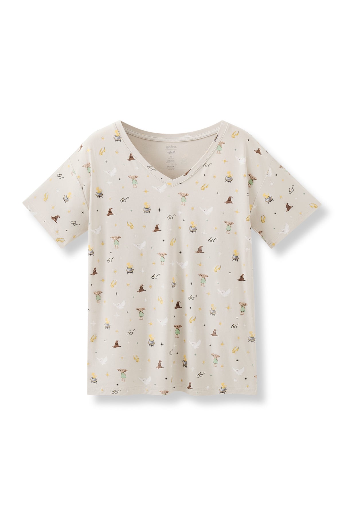 Beige Harry Potter patterned Women's Relaxed Fit V-Neck on a white background