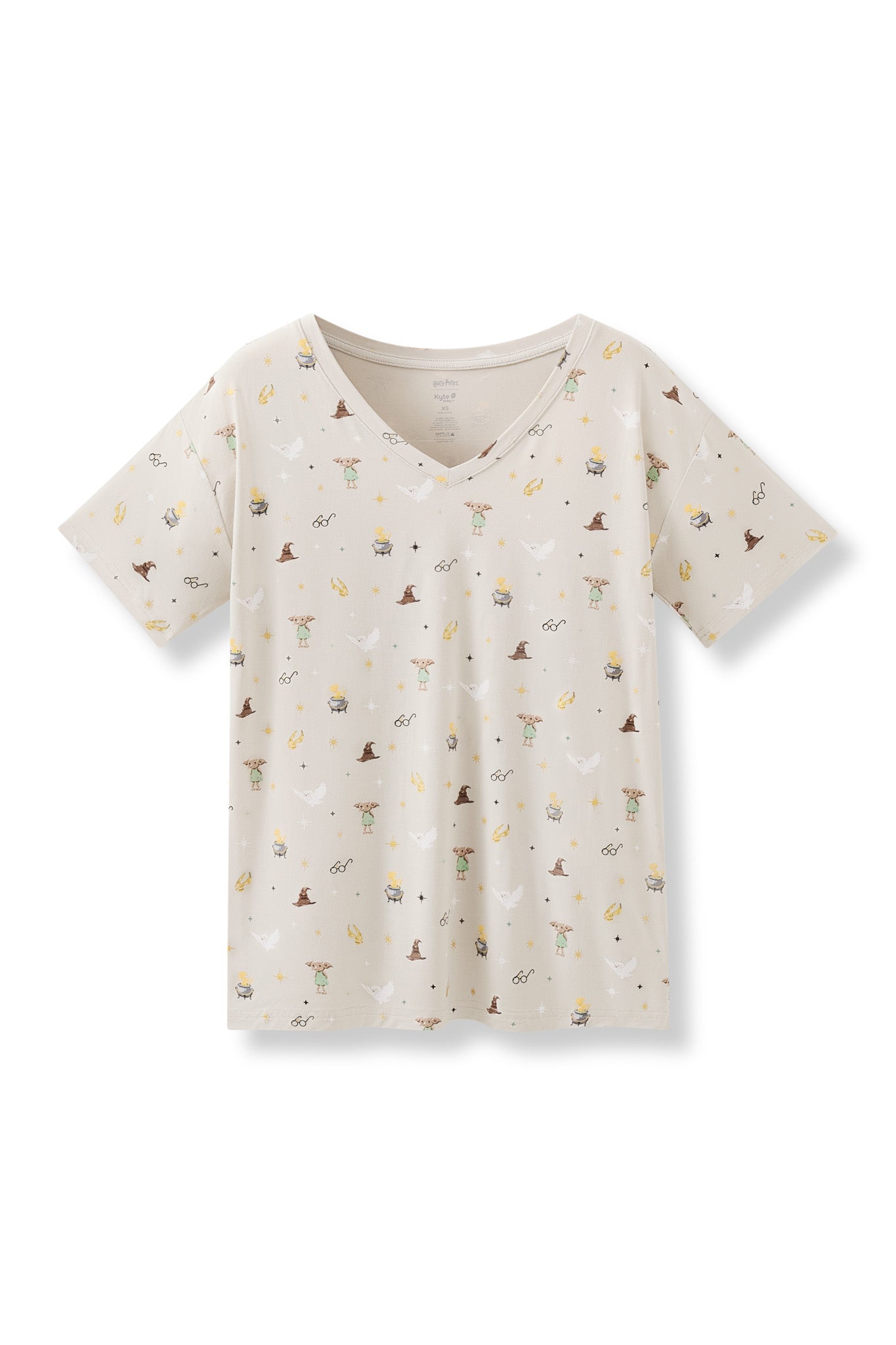 Beige Harry Potter patterned Women's Relaxed Fit V-Neck on a white background