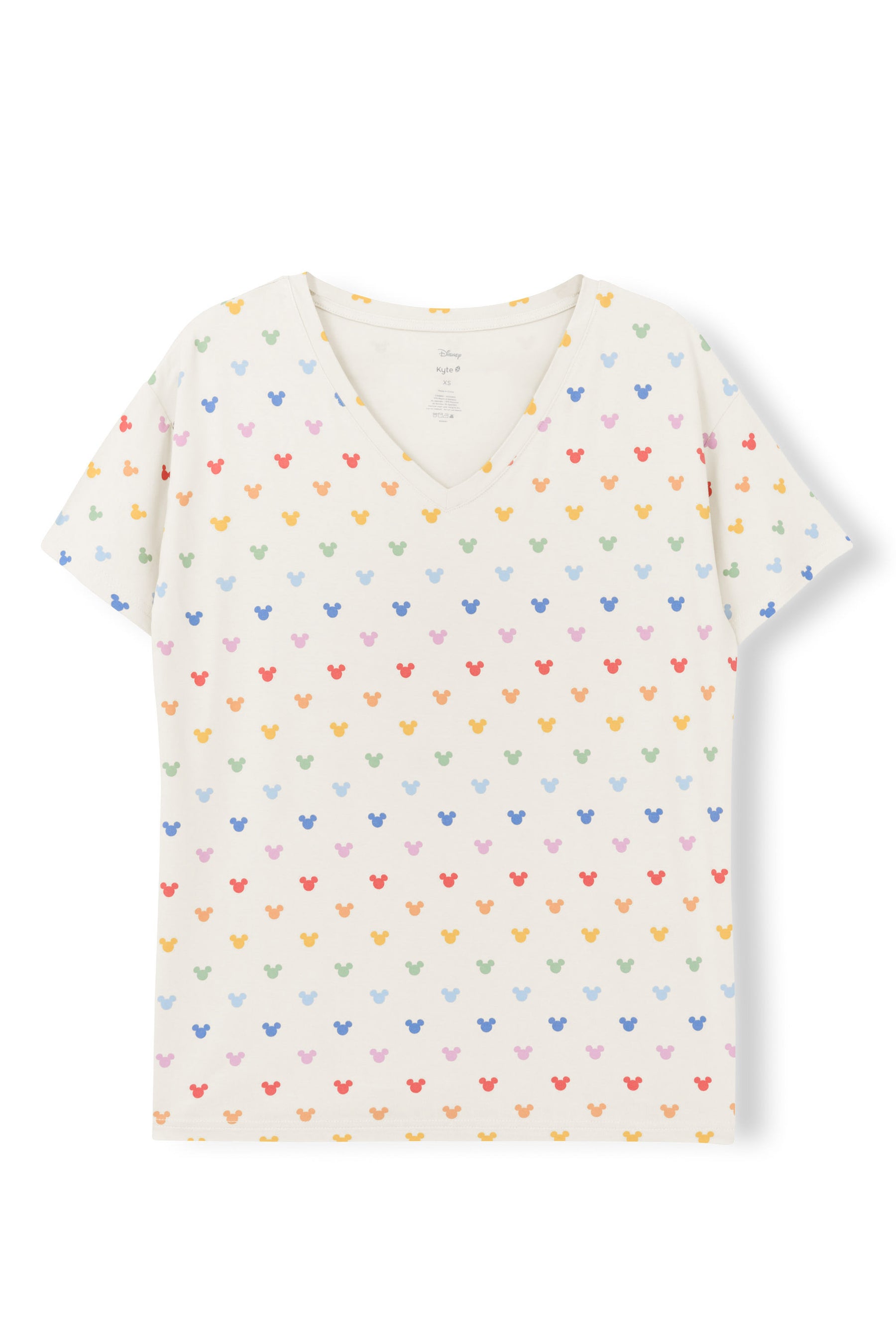 Women's Relaxed Fit V-Neck with Pastel Mickey Mouse pattern on an oat background