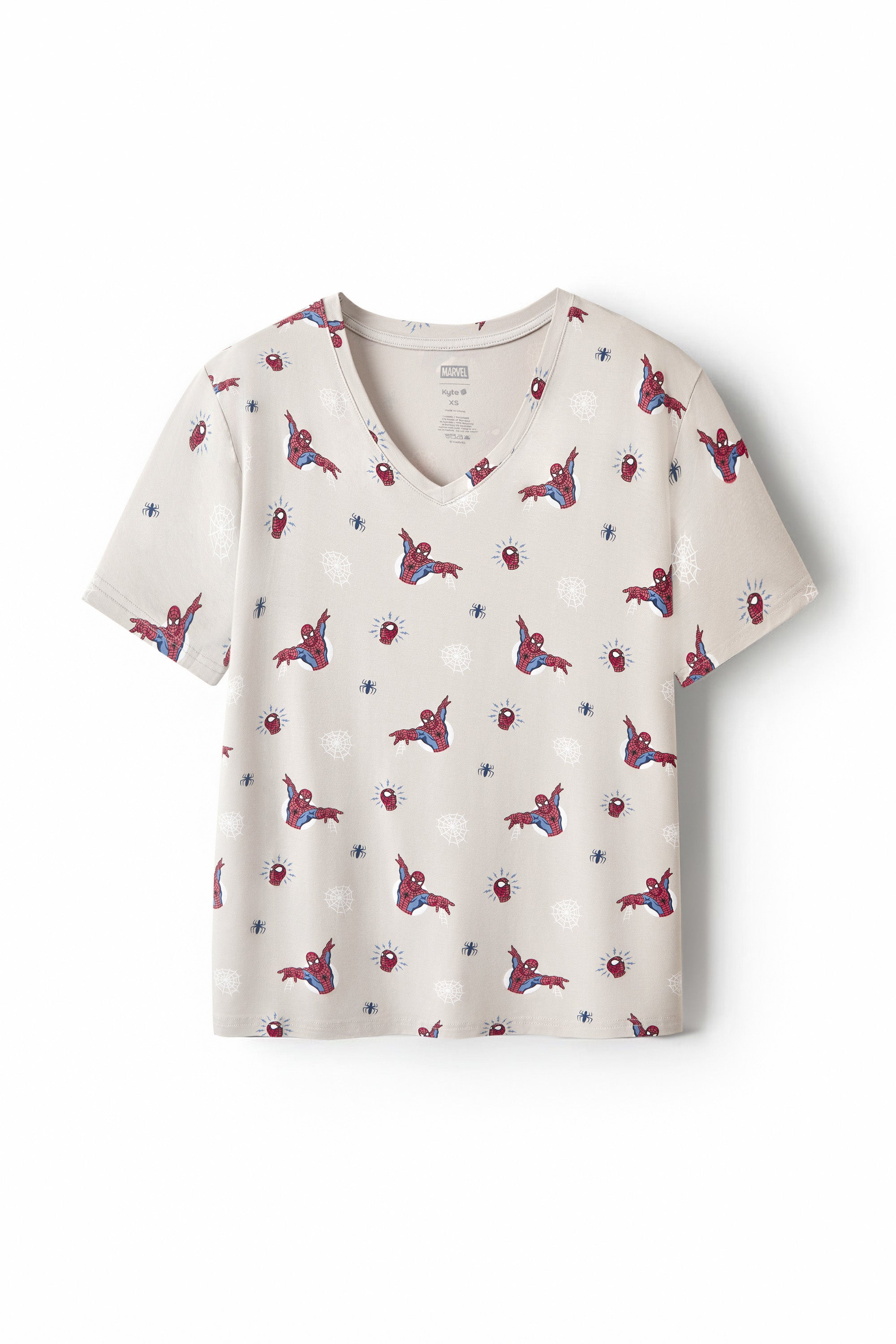 Women's Relaxed Fit V-Neck in Spider-Man print on a white background