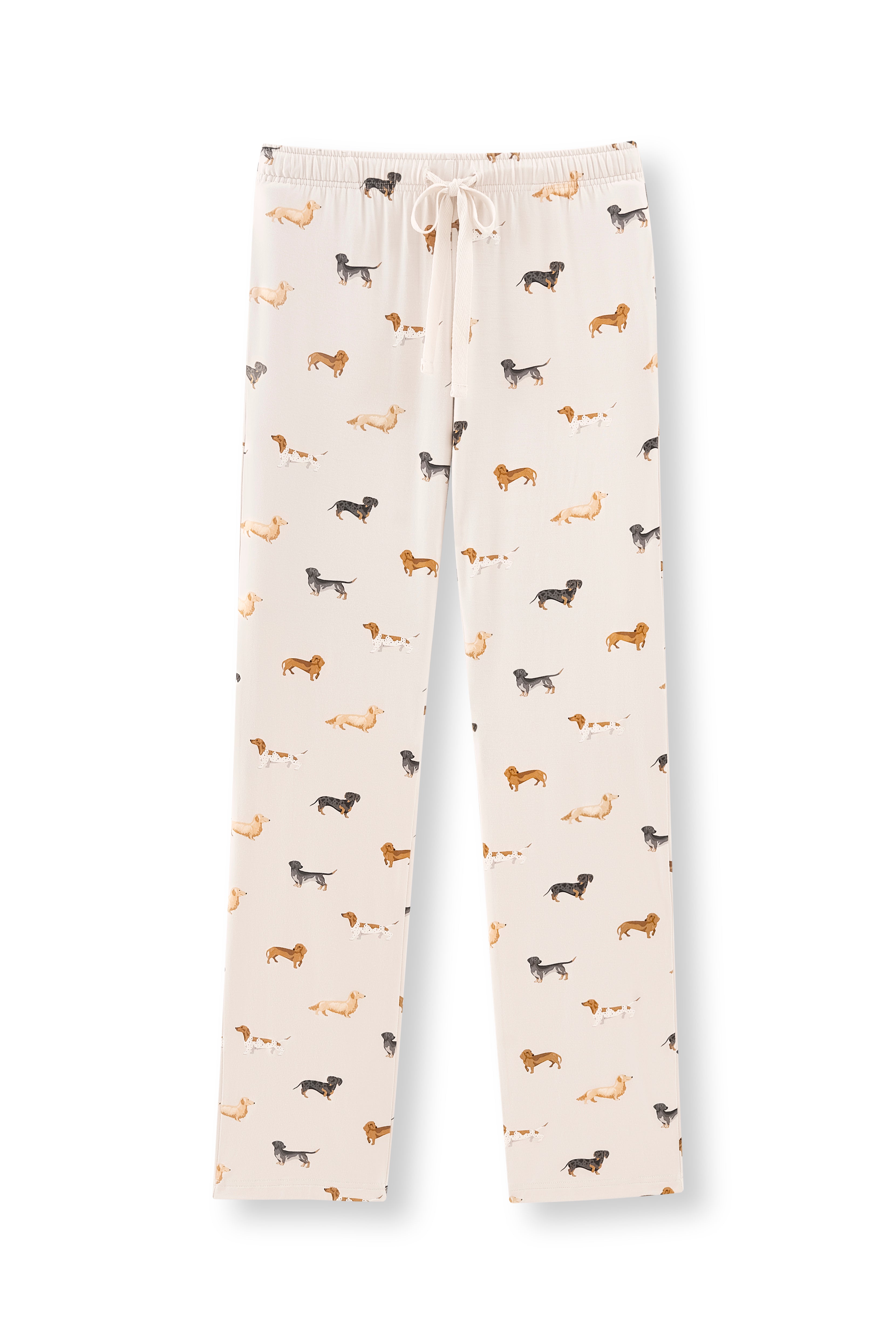 Beige Women's Lounge Pants in Dachshund print on a white background