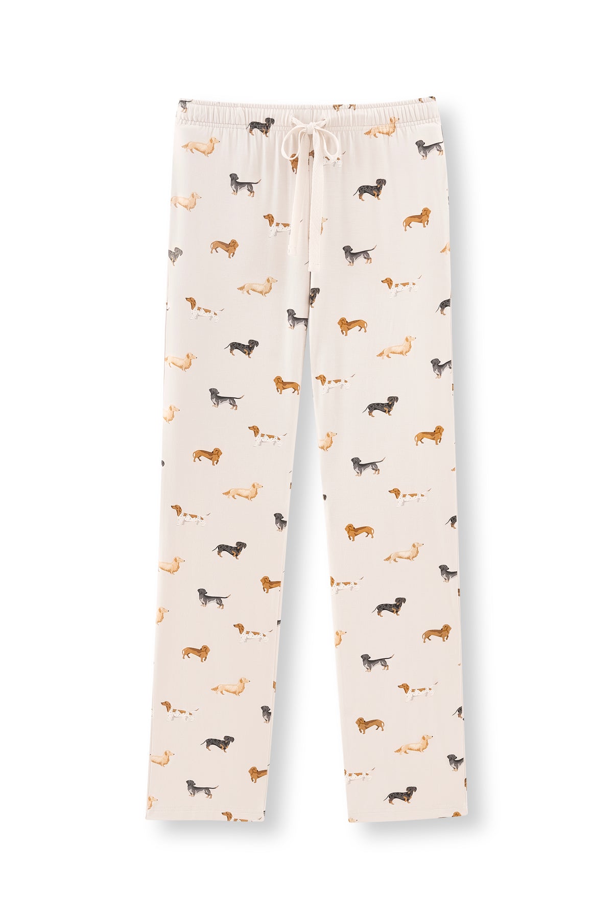 Beige Women's Lounge Pants in Dachshund print on a white background