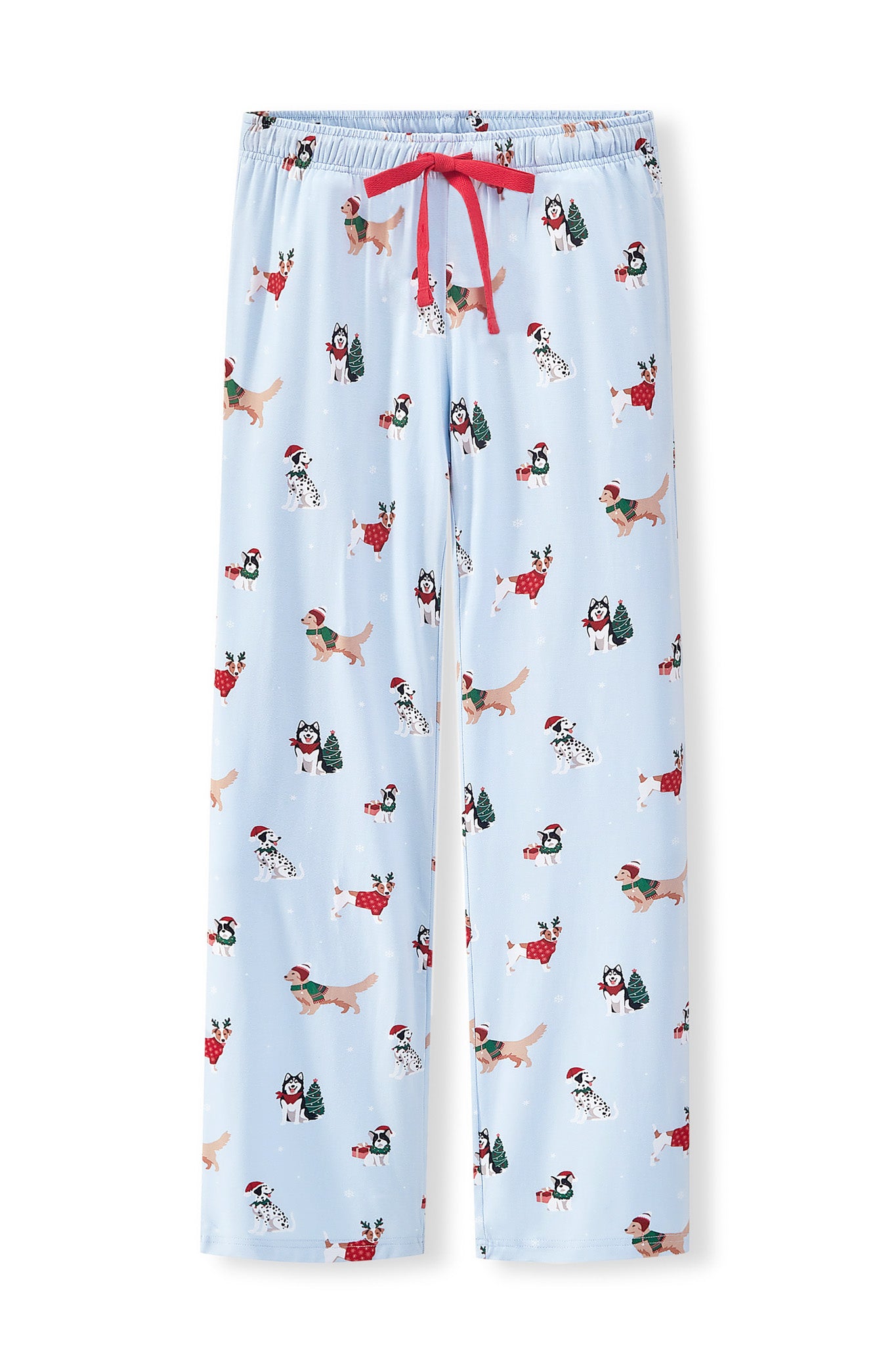 Blue Women's Lounge Pants in Holiday Pups print on a white background